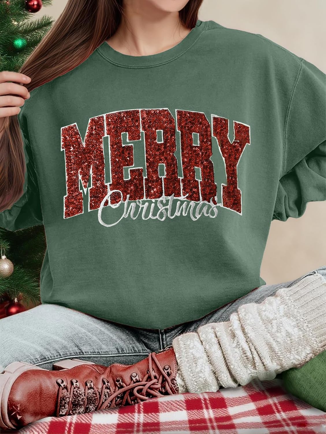 Christmas Sweatshirts for Women Merry and Bright Graphic Long Sleeve Shirt Sequin Xmas Holiday Fall Gifts Tops - Image 2