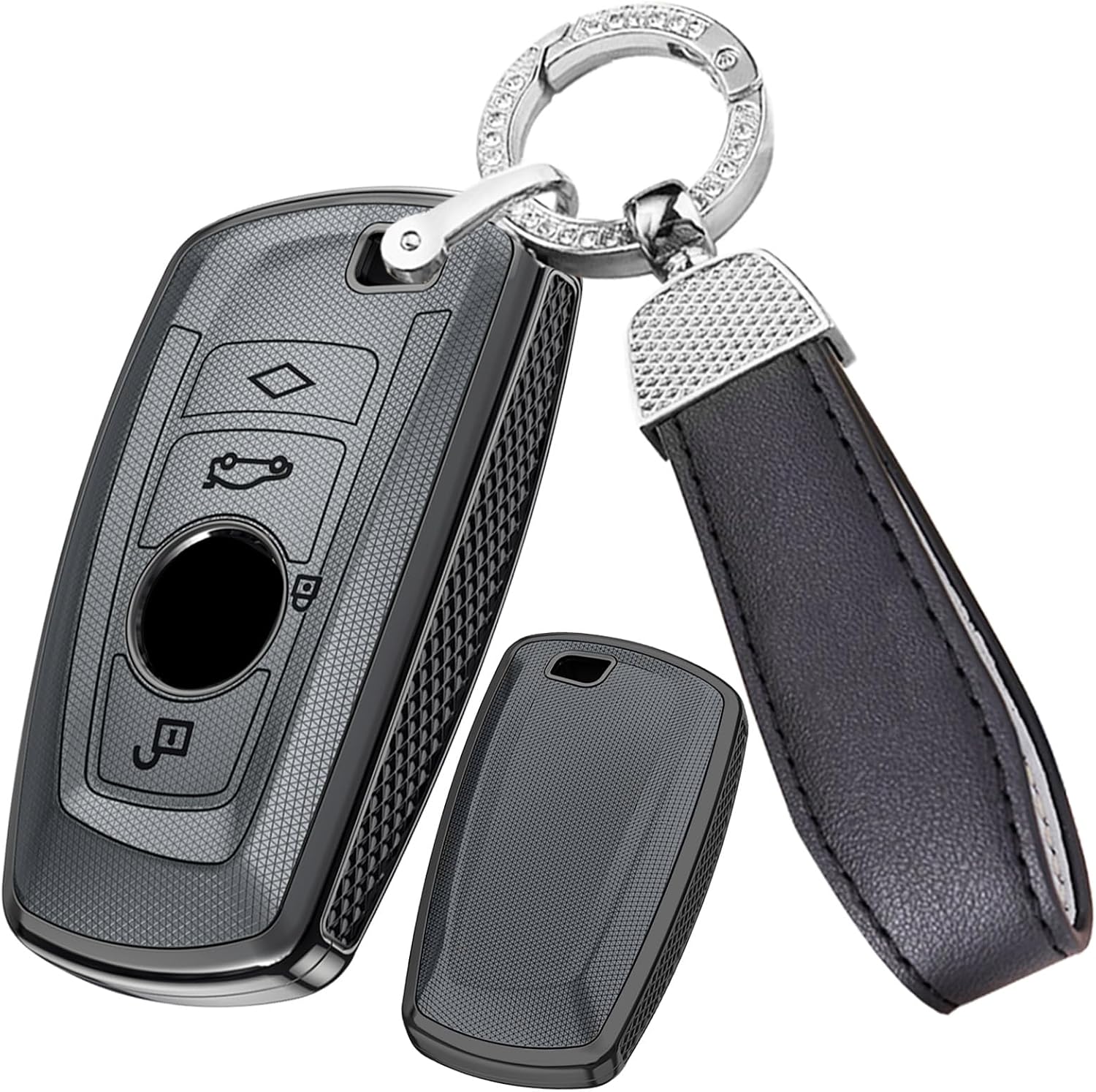 SANRILY PC Plating Smart Key Fob Cover Compatible with BMW X1 X3 X4 X5 X6 1 2 4 5 6 7 M3 M5 M6 GT3 GT5 G30 F10 F15 F16 F20 Keyless Key Fob Case Shell with Leather Keychain Pink