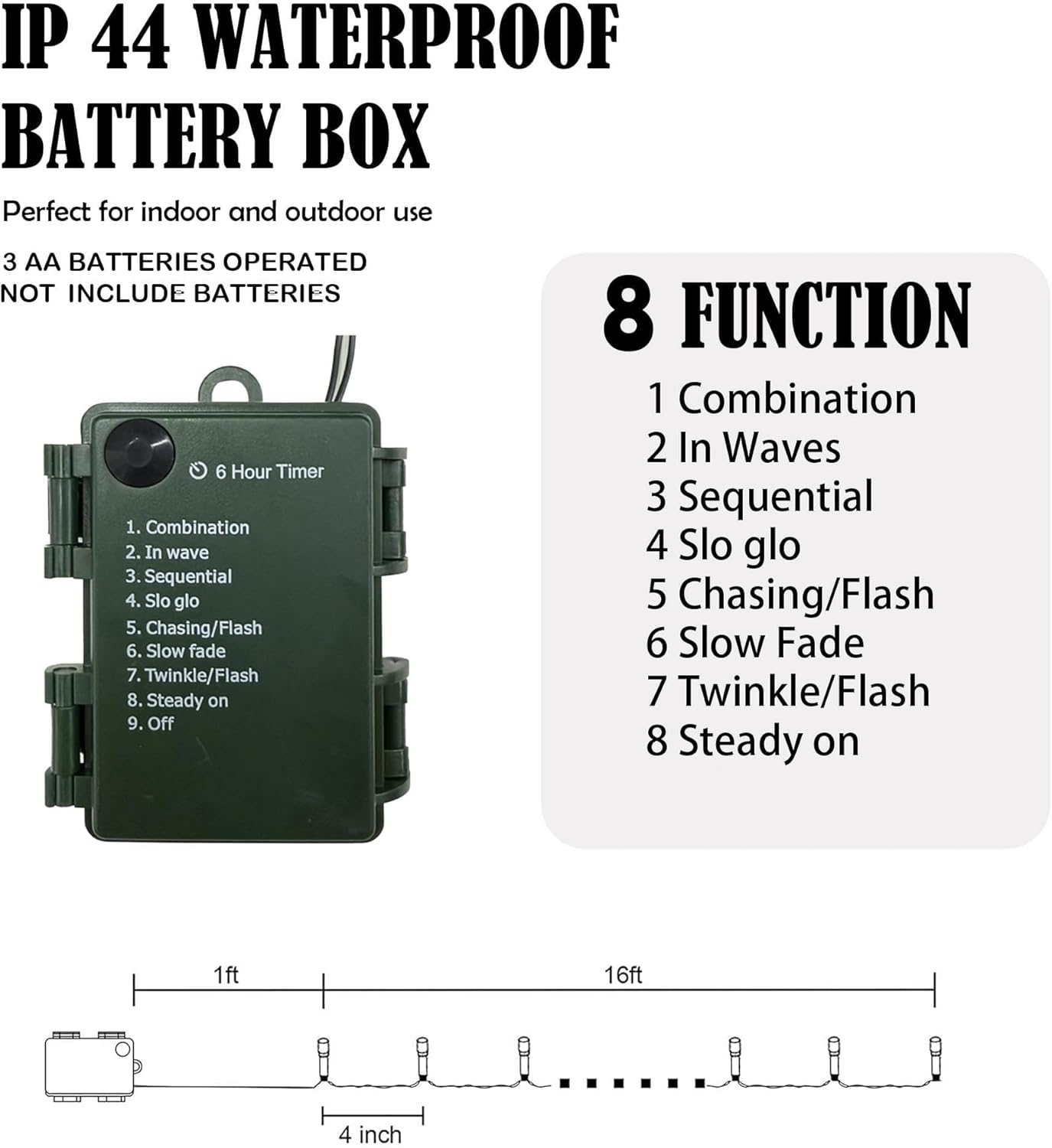 Dazzle Bright 4 Pack Battery Operated Outdoor String Lights, 50 LED 16 FT Warm White Christmas Lights Green Wire with 8 Modes Timer, Outdoor Battery Xmas Wreath Light for Christmas Holiday Decoration - Image 3