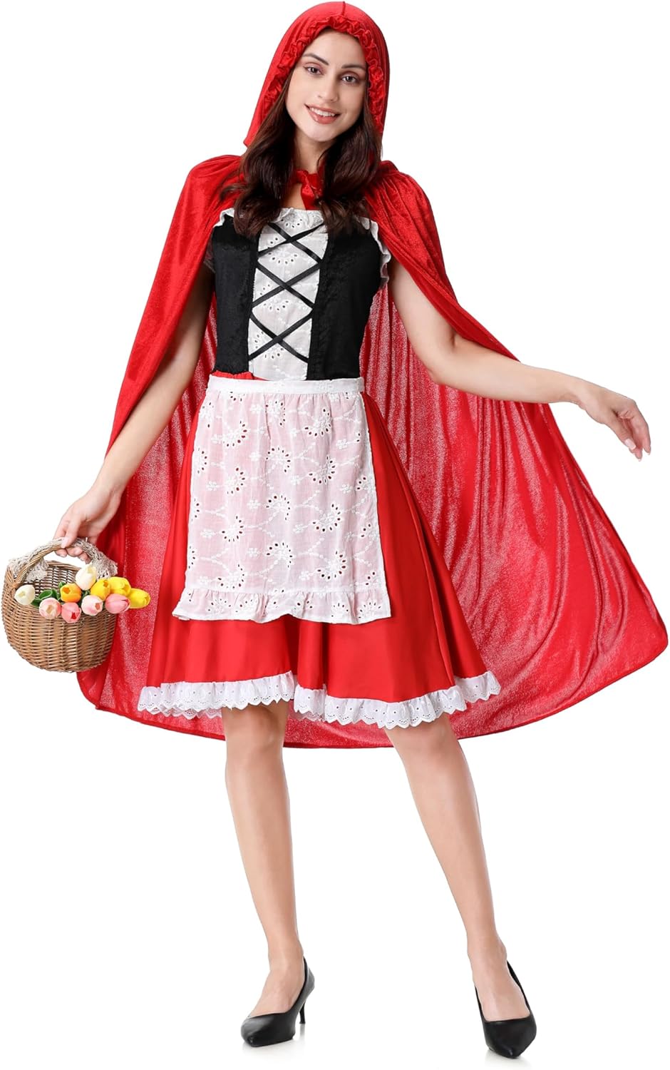 little red devil riding hood costume women, Christmas Halloween Party Dress with Cape Adult cosplay