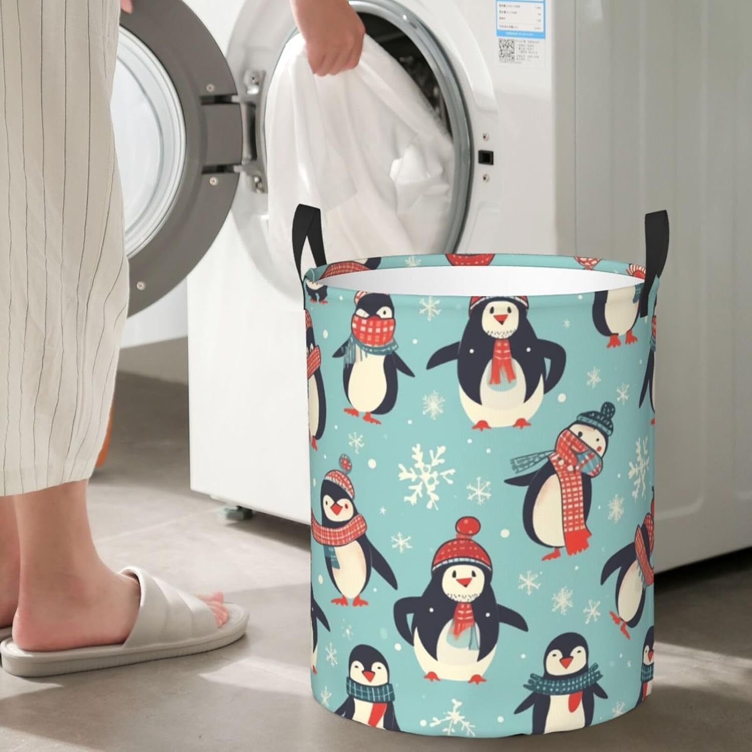 Winter Christmas Penguins Laundry Basket With Handles, Foldable Laundry Hamper Oxford Cloth Dirty Clothes Basket Waterproof Clothes Toys Storage Bin Organizer for Bedroom Bathroom Dorm