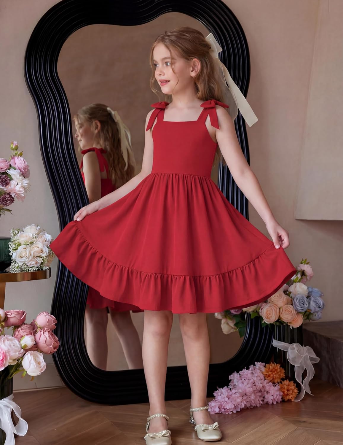 Arshiner Girls Summer Dress Bowknot Strap Casual Sleeveless Tiered Sundress with Pockets 6-14 Years - Image 6