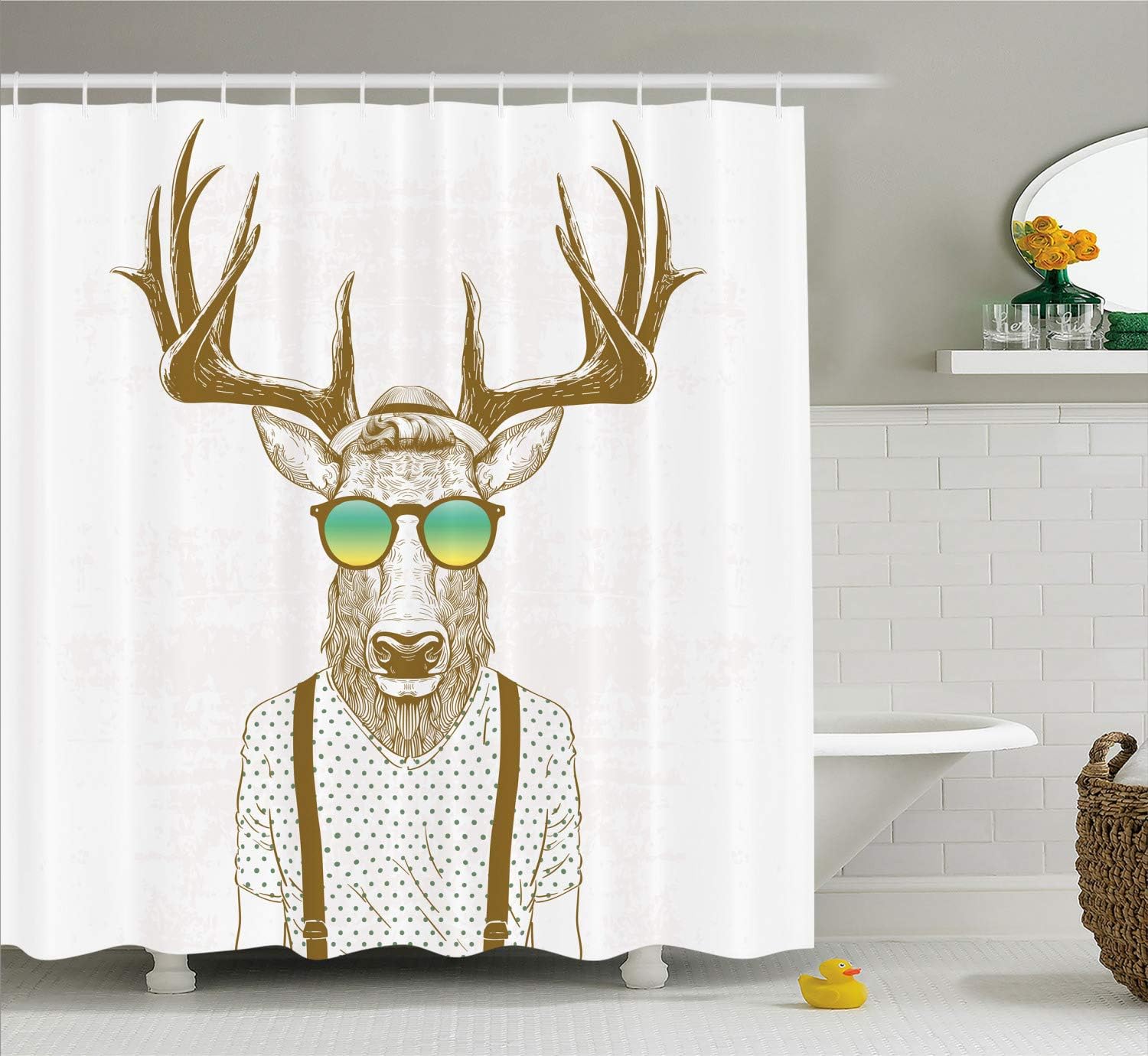 Ambesonne Antlers Shower Curtain, Illustration of Deer Dressed up Like Cool Hipster Fashion Creative Fun Animal, Cloth Fabric Bathroom Decor Set with Hooks, 69" W x 75" L, White Sepia