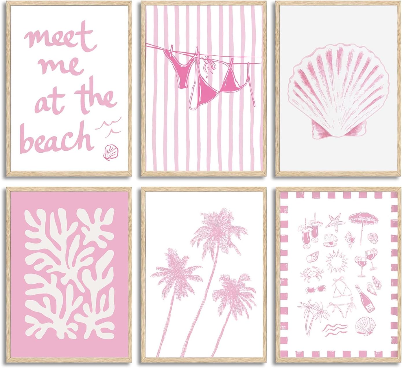 ZUGHRERF Coastal Granddaughter Wall Art Pink Shell Bikini Wall Decor Starfish Palm Tree Poster Prints Artwork Meet Me At The Beach Preppy Aesthetic for Girly Room Dorm Apartment Home Decor 12x16in