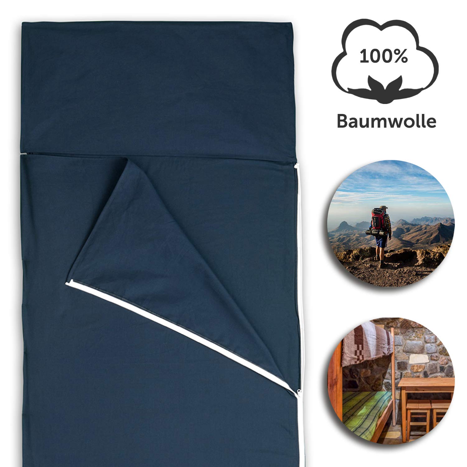 Cotton sleeping bag | through zipper ++ FREE sleeping mask ++ Ultralight cotton sleeping bag for hostel or mountain lodge, also as inlay / inlay Summer sleeping bag | Travel Sleeping Bag (Blue)
