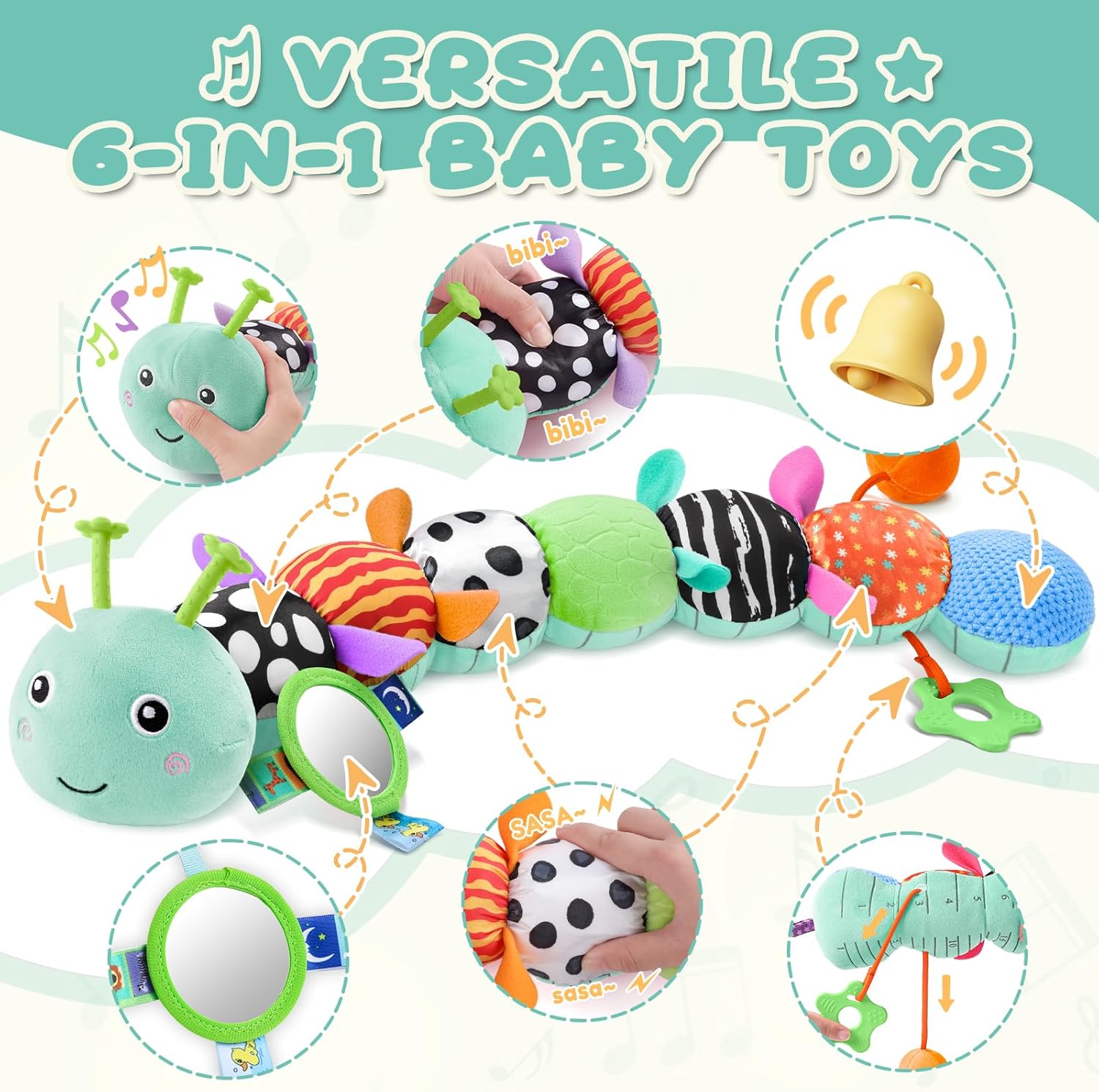 AWOTOY Baby Toys 0-6-12 Months,Musical Caterpillar Stuffed Animals Activity Infant Toys with Crinkle,Rattles,Mirror&Pull String,Muti-Sensory Toys Gifts for Newborn Tummy Time,Mint Blue|Leafy