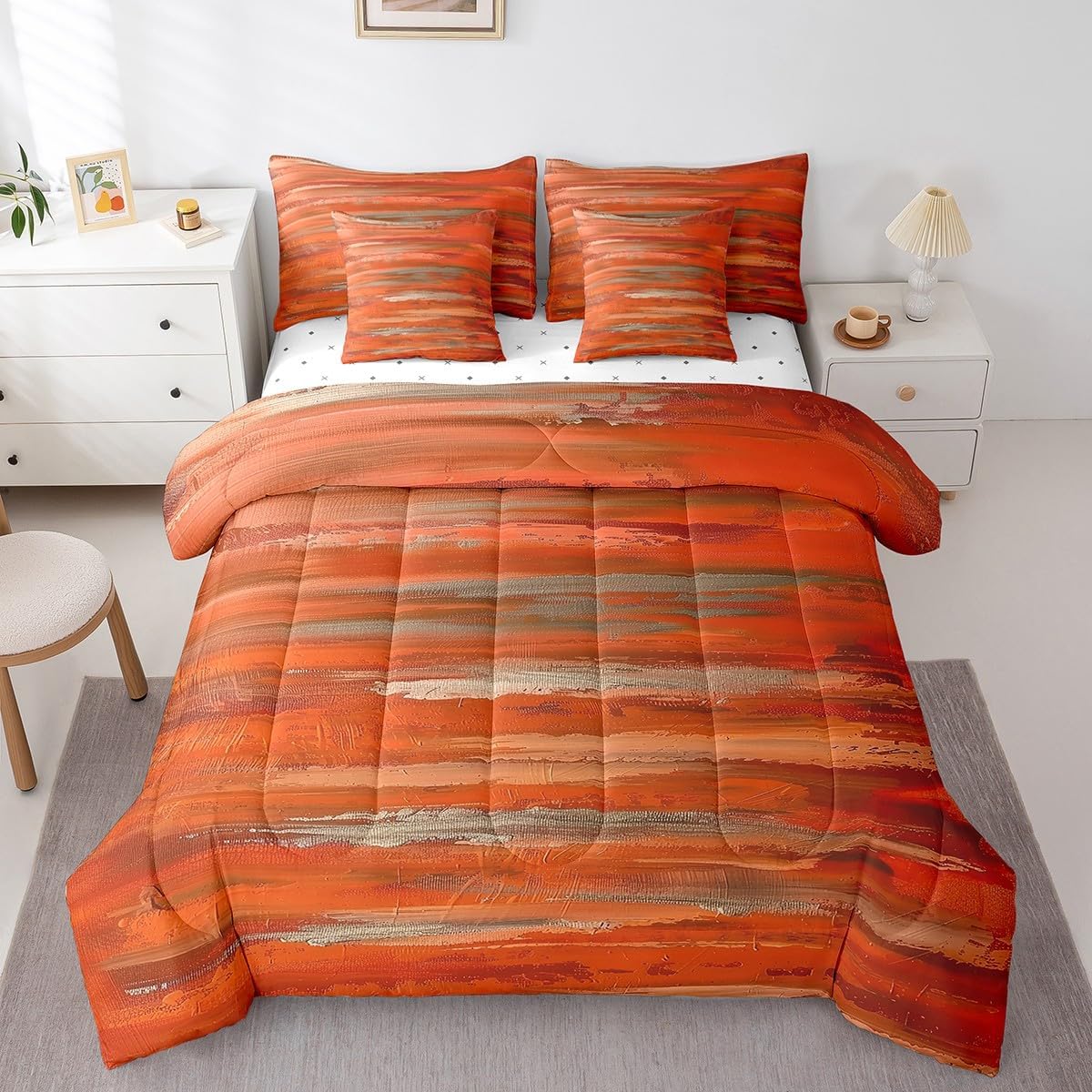 Erosebridal Oil Painting Orange Full Size Comforter Set 7pcs Aesthetic Ombre Bed in a Bag, Watercolor Gradient Bedding Comforter Sets with Fitted Sheet Flat Sheet Pillowcases Throw Pillow Covers