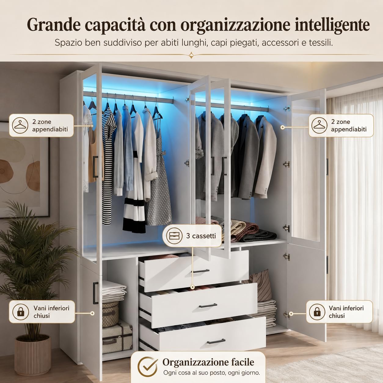 Armadio Guardaroba 6 Ante con LED, armadio camera da letto adulto con 4 ante in vetro e 3 cassetti, Armadio Moderno Con Appendiabiti, per camera da letto e cameretta dei bambini