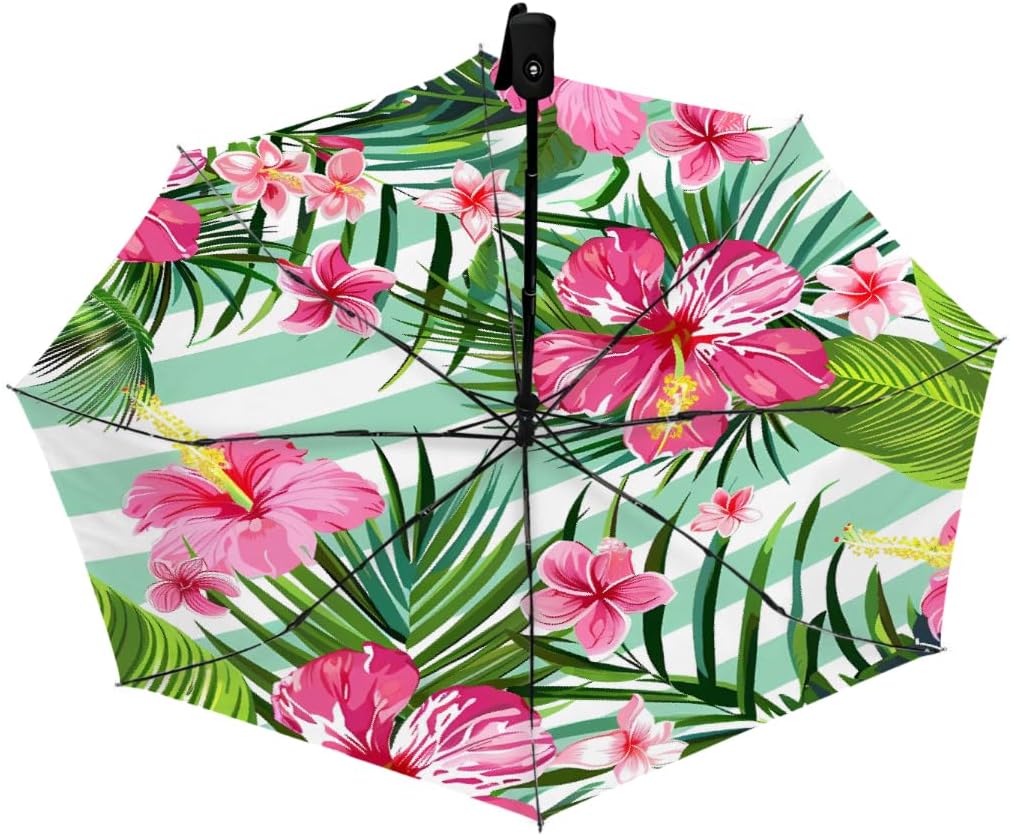Tropical Stripe Hibiscus Leaves Folding Umbrella Windproof Compact Lightweight Travel Umbrella with 8 Reinforced Ribs, Portable UV Sun & Rain Protection for Men & Women