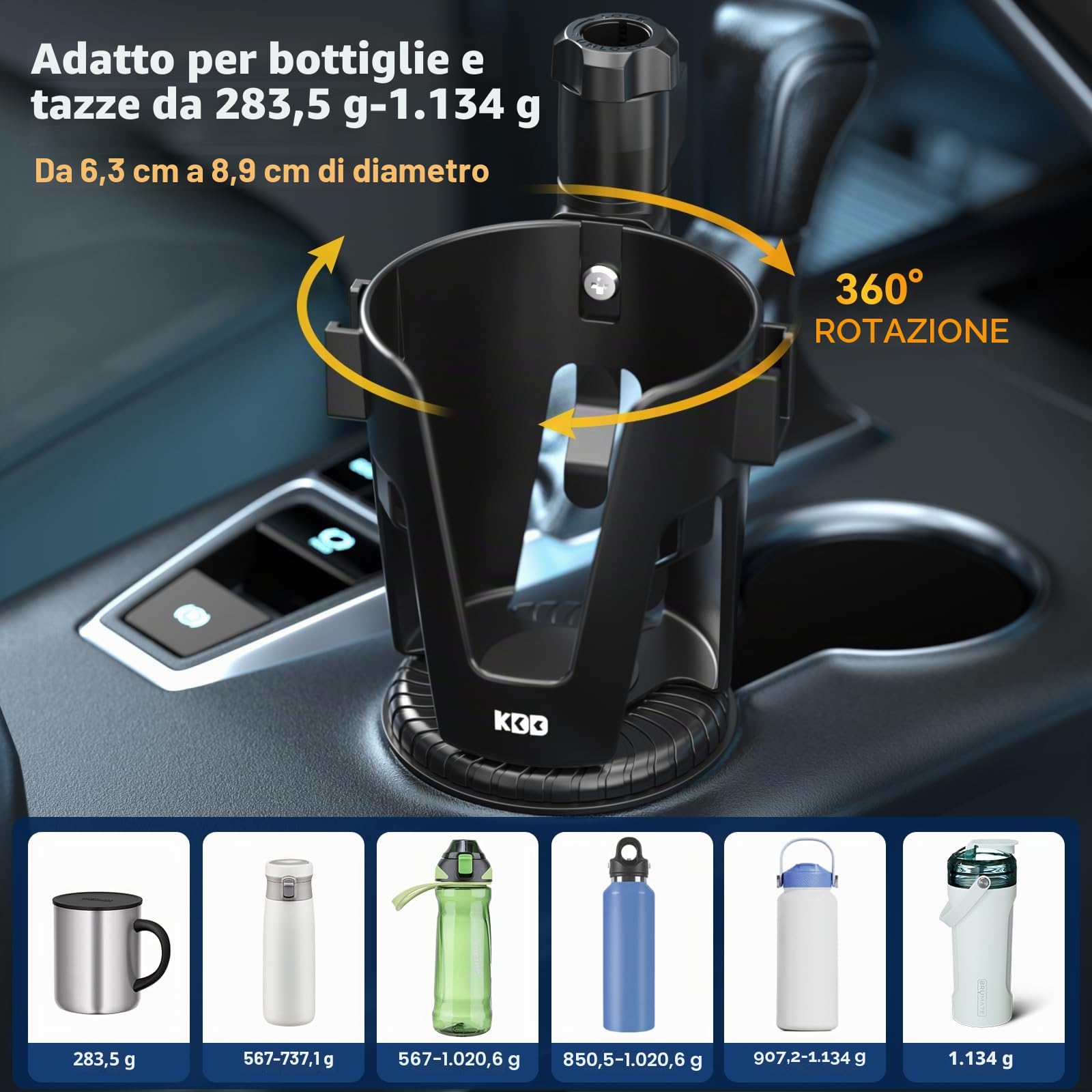 KDD Vassoio Portabicchieri per Auto Multifunzionale - 3 in 1 Vassoio per Alimenti per Auto Staccabile e Base Regolabile, Supporto Telefono e Portabevande a 360° Rotazione per Veicoli Viaggi Nero
