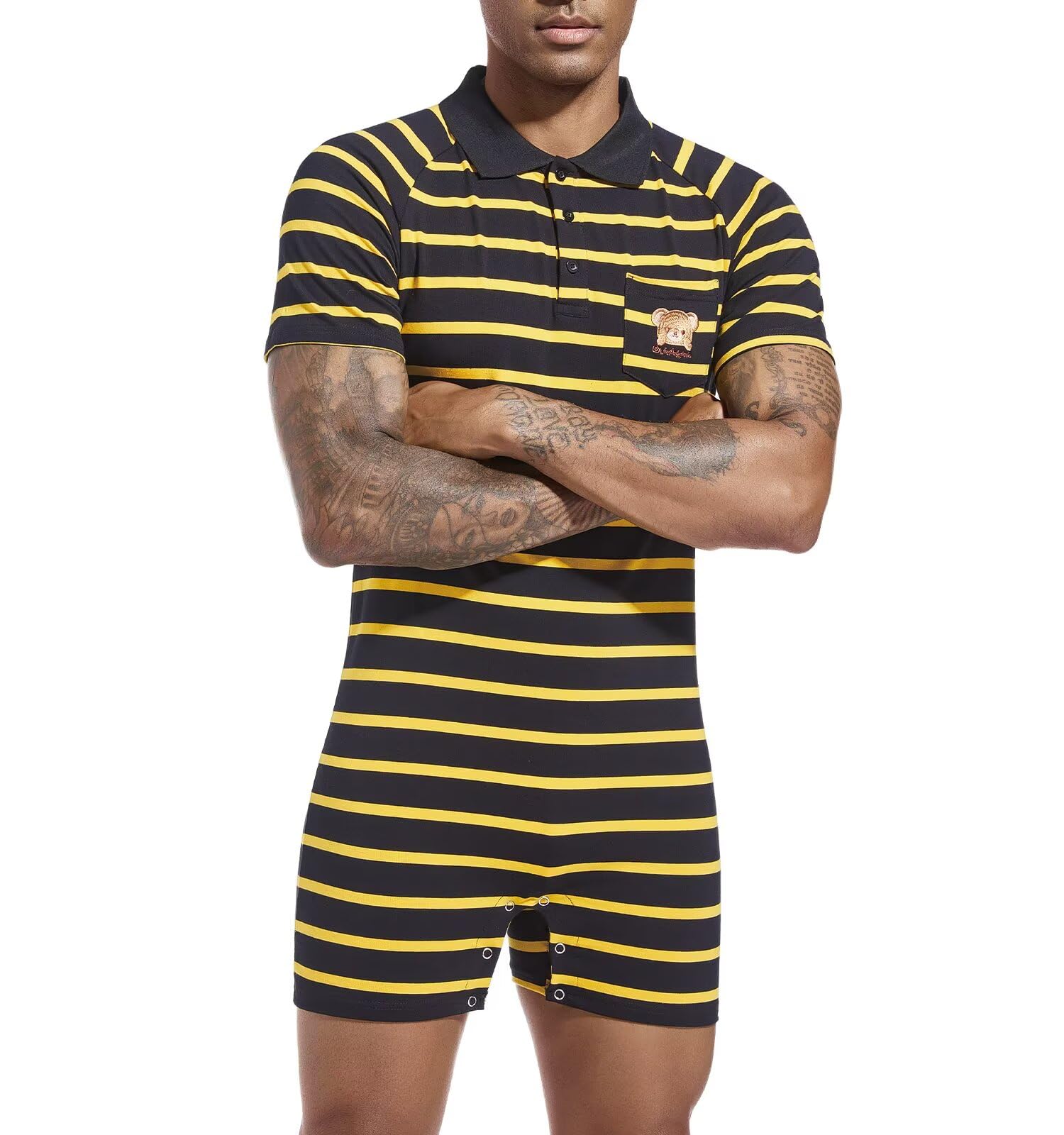 Landofgenie Onesie Pyjama Herren Kurzarm Baumwolle Strampler One Piece Bodysuit Gestreiftes Romper für Männer