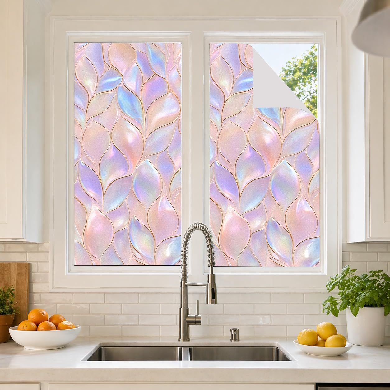 Removable Window Privacy Film 17.5 x 39.4 Inches, Static Cling No Adhesive No Residue, Cut to Custom Size, Iridescent Leaf Petal Stained Glass Design, UV Blocking Heat Control, Fits Curved Glass