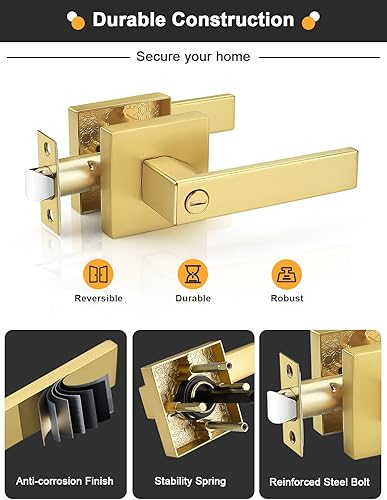 Miniatura 4 de Gobrico Manija de puerta de privacidad, manijas de puerta doradas, manija de puerta resistente, manija de cerradura de puerta cuadrada reversible