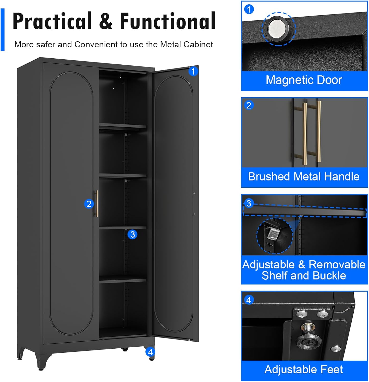 Polup Pantry Cabinet, 75 Inch Tall Kitchen Storage Cabinet, Metal Pantry Cabinets with Doors and Adjustable Shelves, Black Freestanding Food Cupboard for Living, Dinning Room-Assembly Required