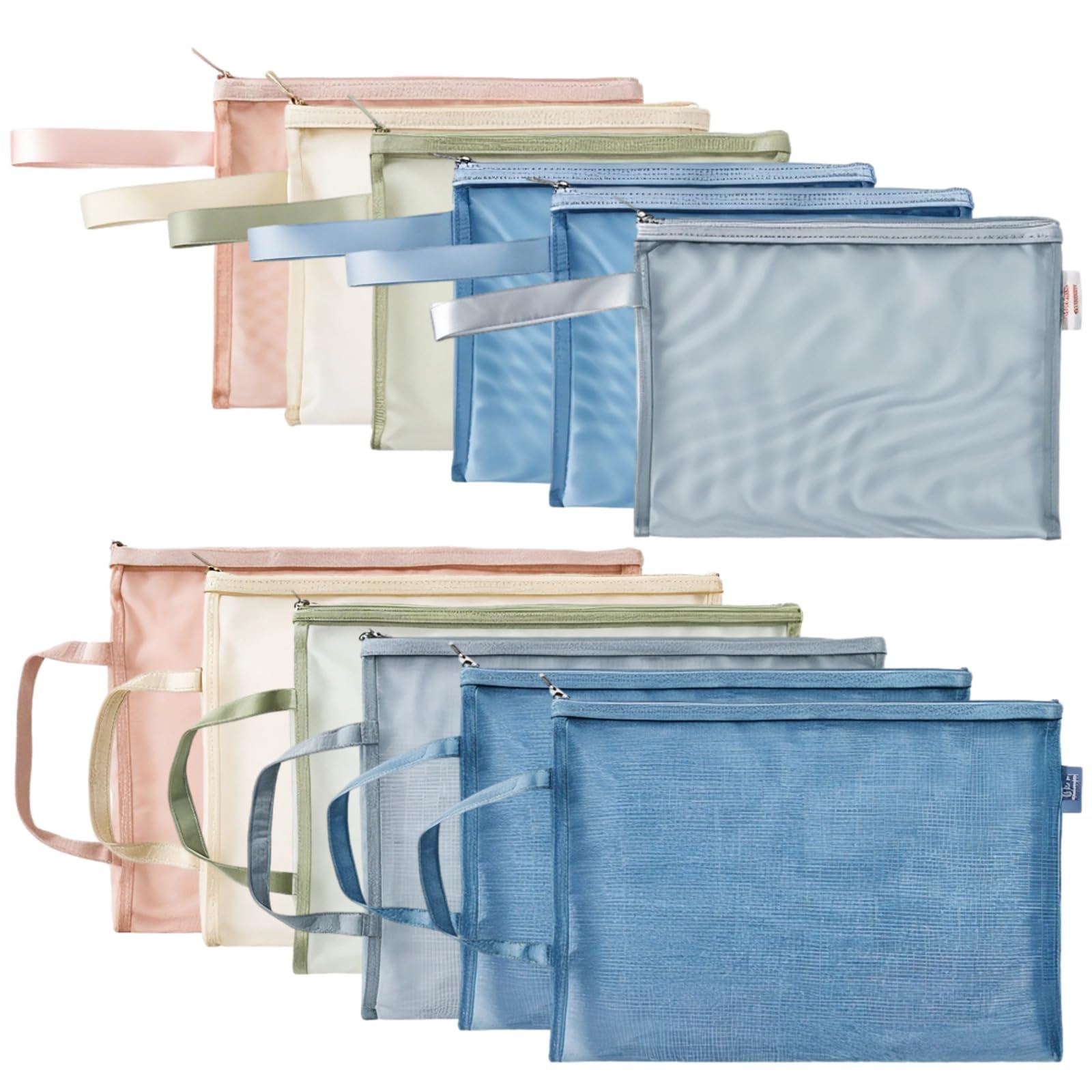 12 sacchetti con cerniera, in rete trasparente, con cerniera, formato A4, multicolori, in nylon, con manici, per ufficio e casa