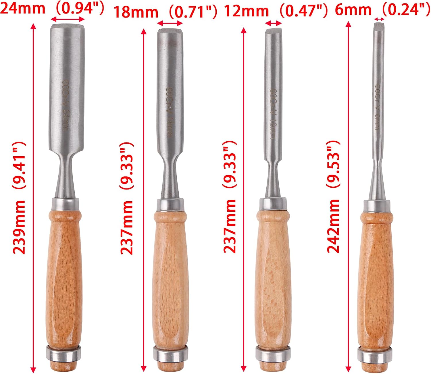 Wood Handle Chrome Vanadium Steel Woodworking Chisel Tool Set 6/12/18/24MM