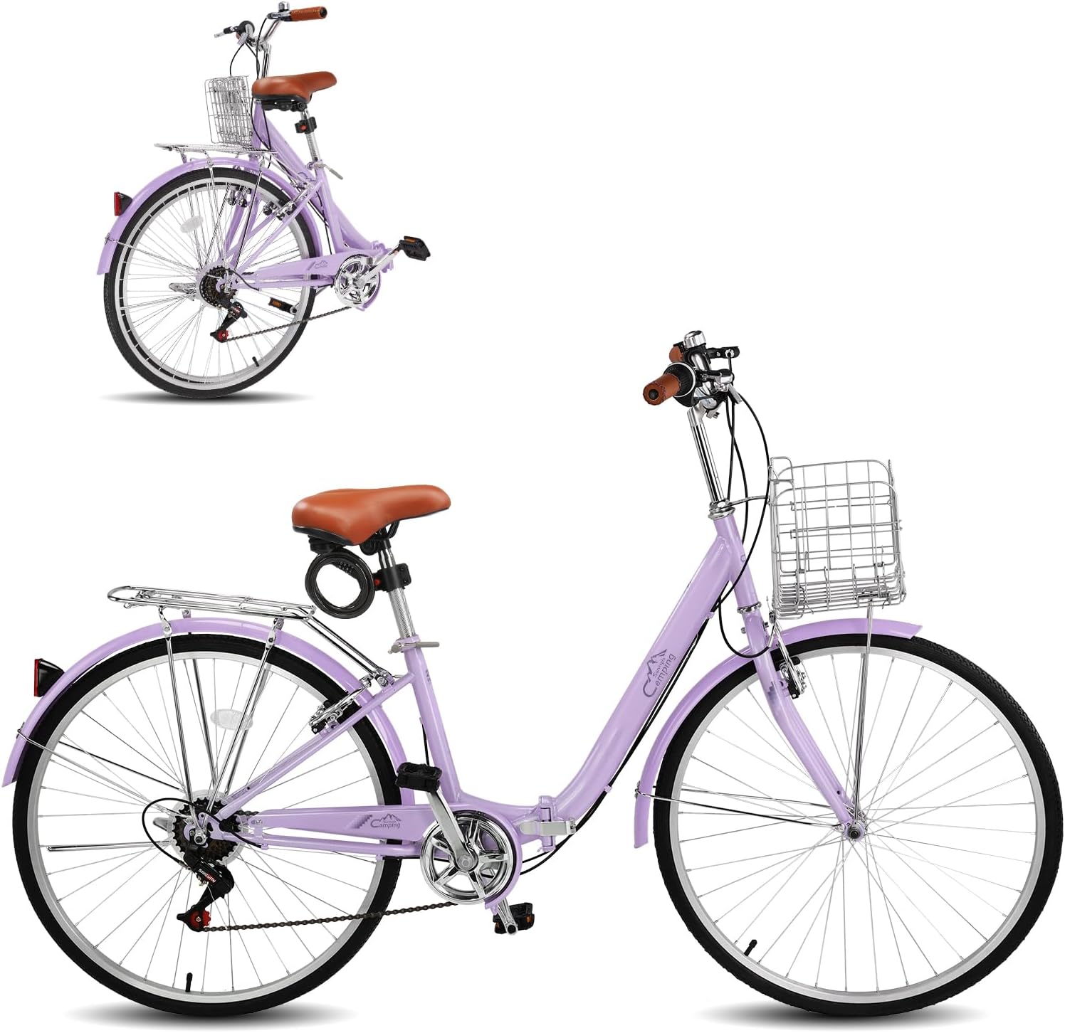 Ktaxon Foldable Beach Cruiser Bike, 26" Folding Women's Bike with 7 Speed Shifting, Foldable Basket, Adjustable Seat, Removable Lock & Dual V-Type Brakes for Women & Adults