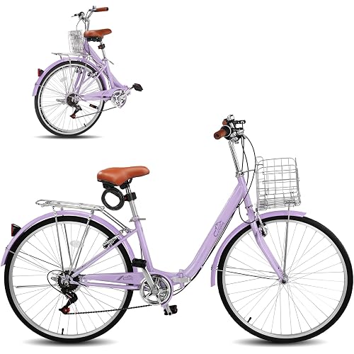 Ktaxon Foldable Beach Cruiser Bike, 26" Folding Women's Bike with 7 Speed Shifting, Foldable Basket, Adjustable Seat, Removable Lock & Dual V-Type Brakes for Women & Adults