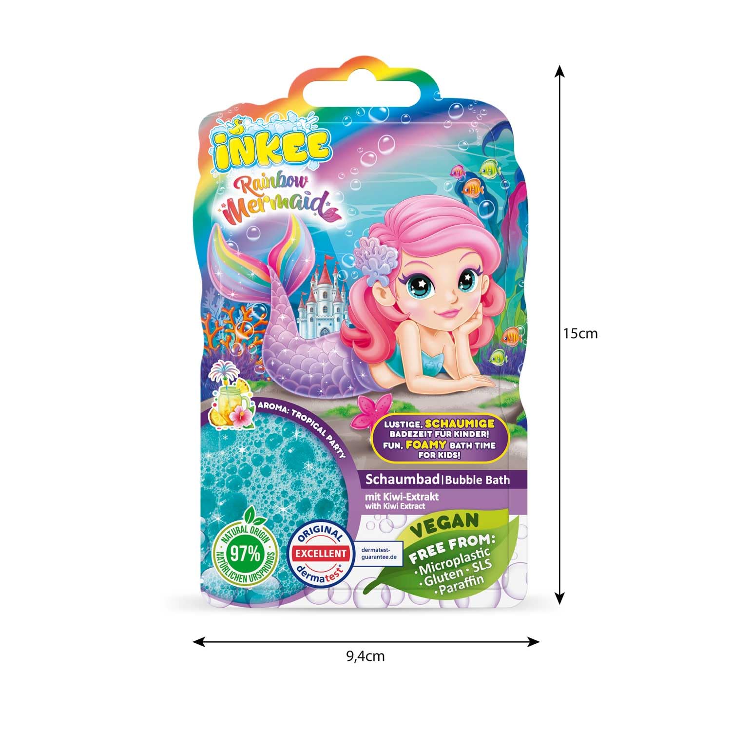 INKEE Bubble Bath Sirena Arcoíris Pack 3 – Espuma de Baño para Niños con Aroma Tropical, Espuma Turquesa para la Bañera, Aditivo de Baño Infantil 3x 40ml