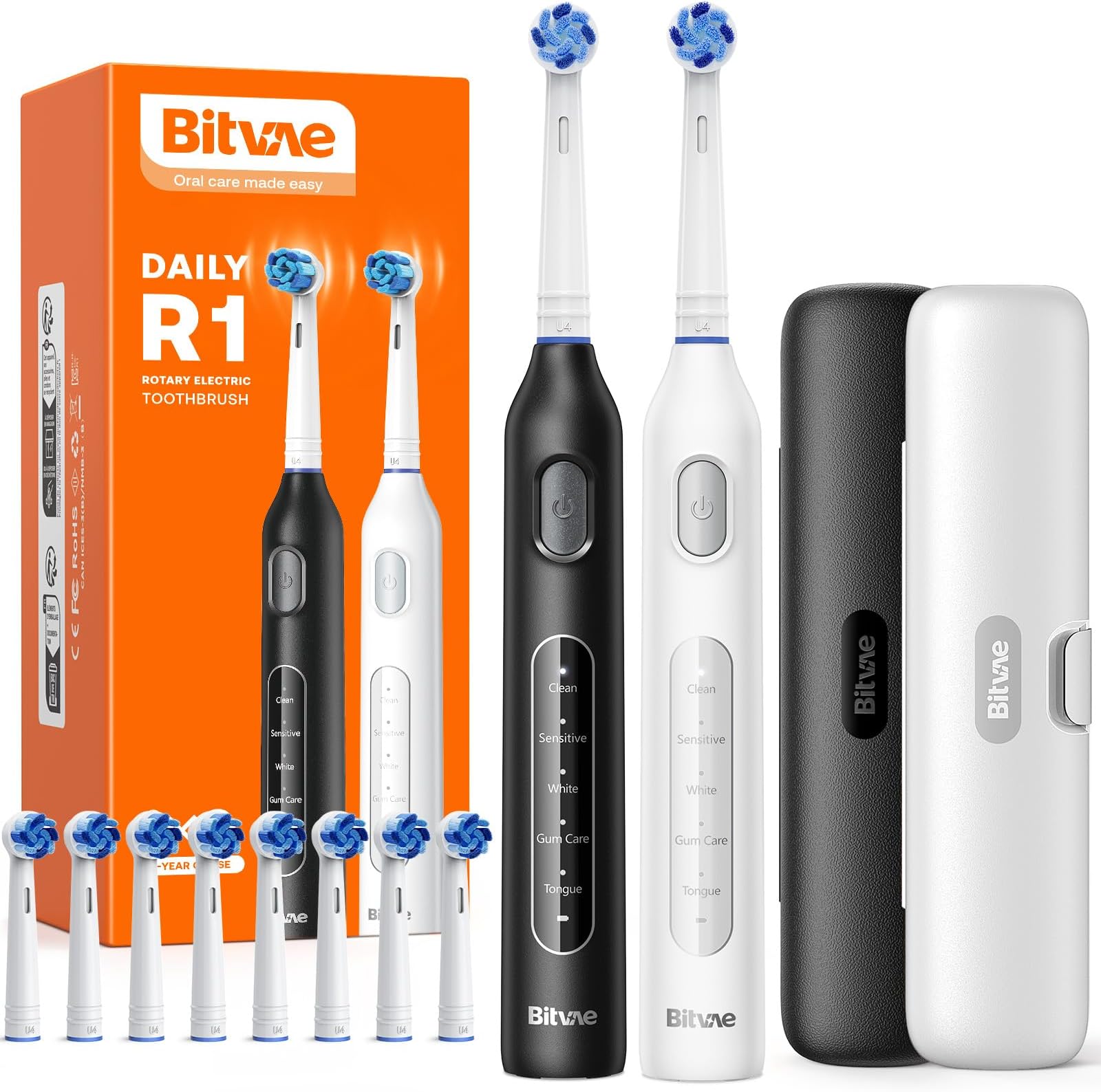 Bitvae Rotating Electric Toothbrush 2 Packs for Adults and Kids, 8 Brush Heads 60-Day Battery Life, 5 Modes Power Toothbrush with 2-Minute Smart Timer, Black & White, R1