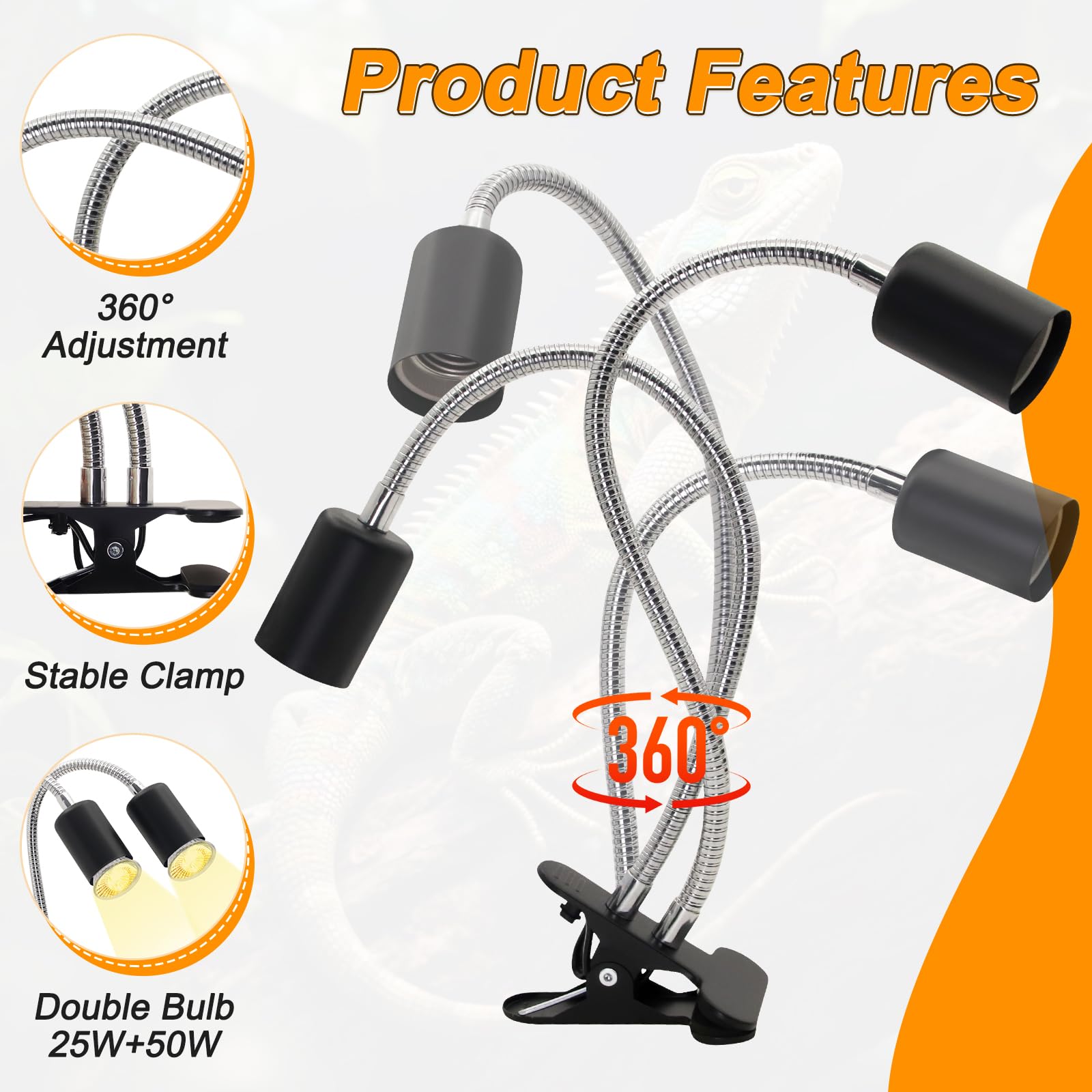 Lampe chauffante tortue à double tête pour reptile avec pince, rotation à 360 °, lampe chauffante UVA UVB avec minuterie de cycle pour tortue, dragon, serpents, lézards