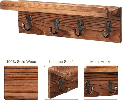 Miniatura 3 de HRONRAD Soporte rústico para llaves de pared, estante de pared de granja con 4 ganchos, soportes para llaves montado en la pared, organizador de