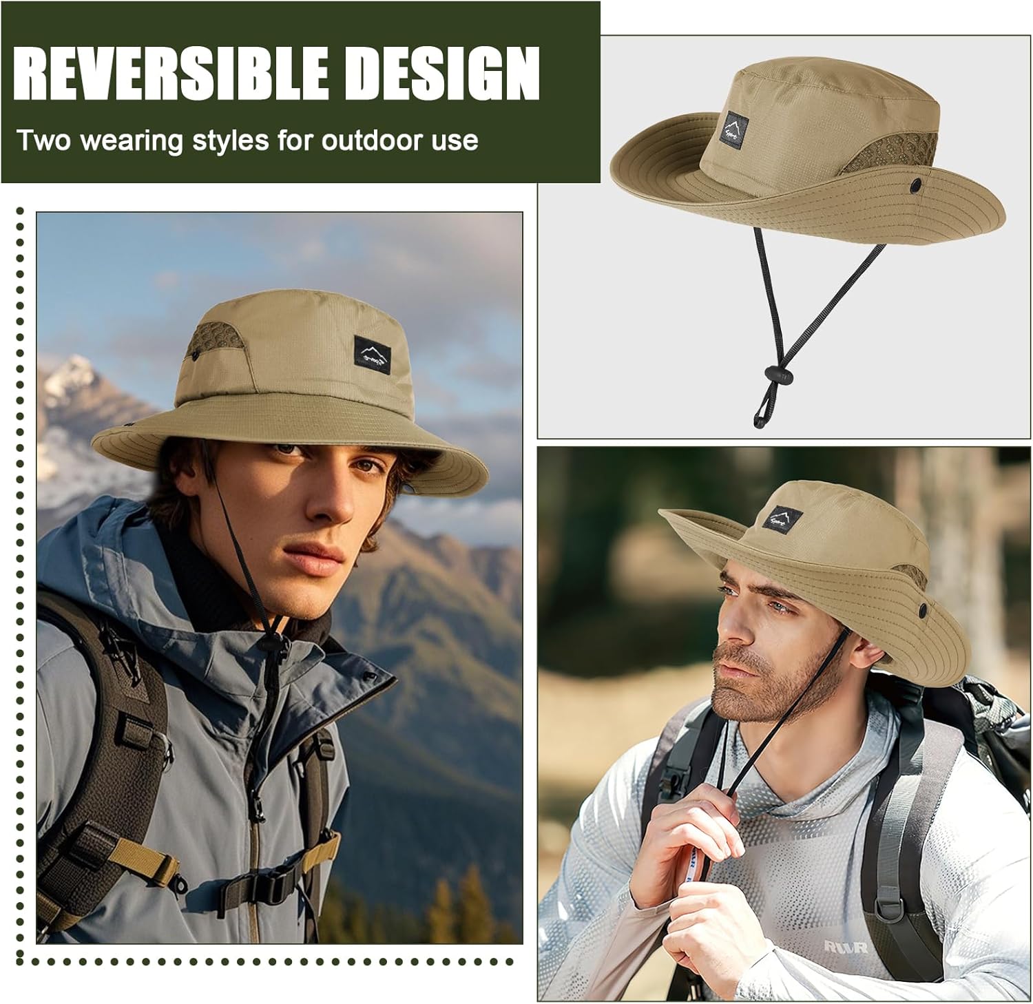 UPF 50 Zonnehoeden met brede rand, zomergaas, UV-bescherming Safarihoed, Vissen / wandelen / wandelen Boonie-hoeden voor heren met kinband, waterdicht en ademend, zwart., M
