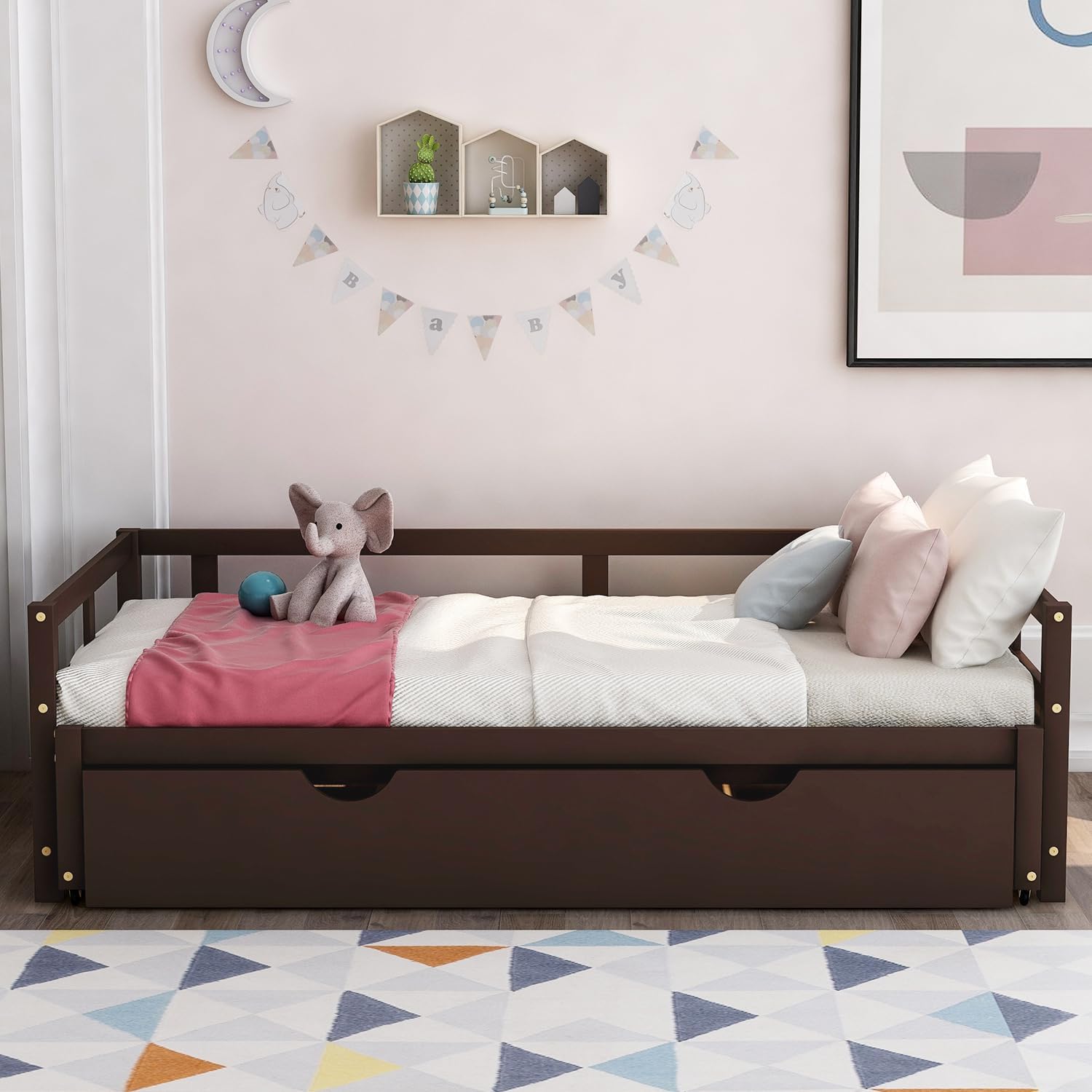 Harper & Bright Designs Wood Extending Daybed Twin Size with Trundle, Twin to King Design Upholstered Day Bed Frame, Sofa Bed for Living Room, Espresso