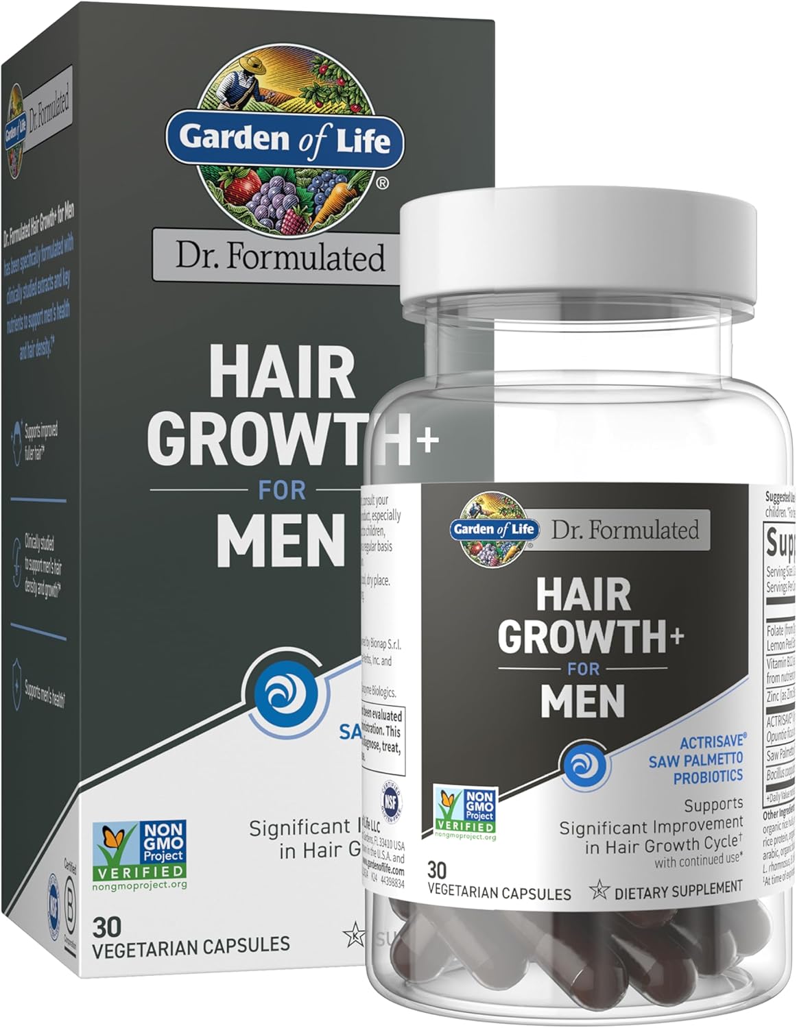 Garden of Life Dr. Formulated Men's Hair Growth Capsules – Saw Palmetto, Black Rice & Prickly Pear – Men's Hair Supplement, Non-GMO, Gluten-Free, 30 Capsules