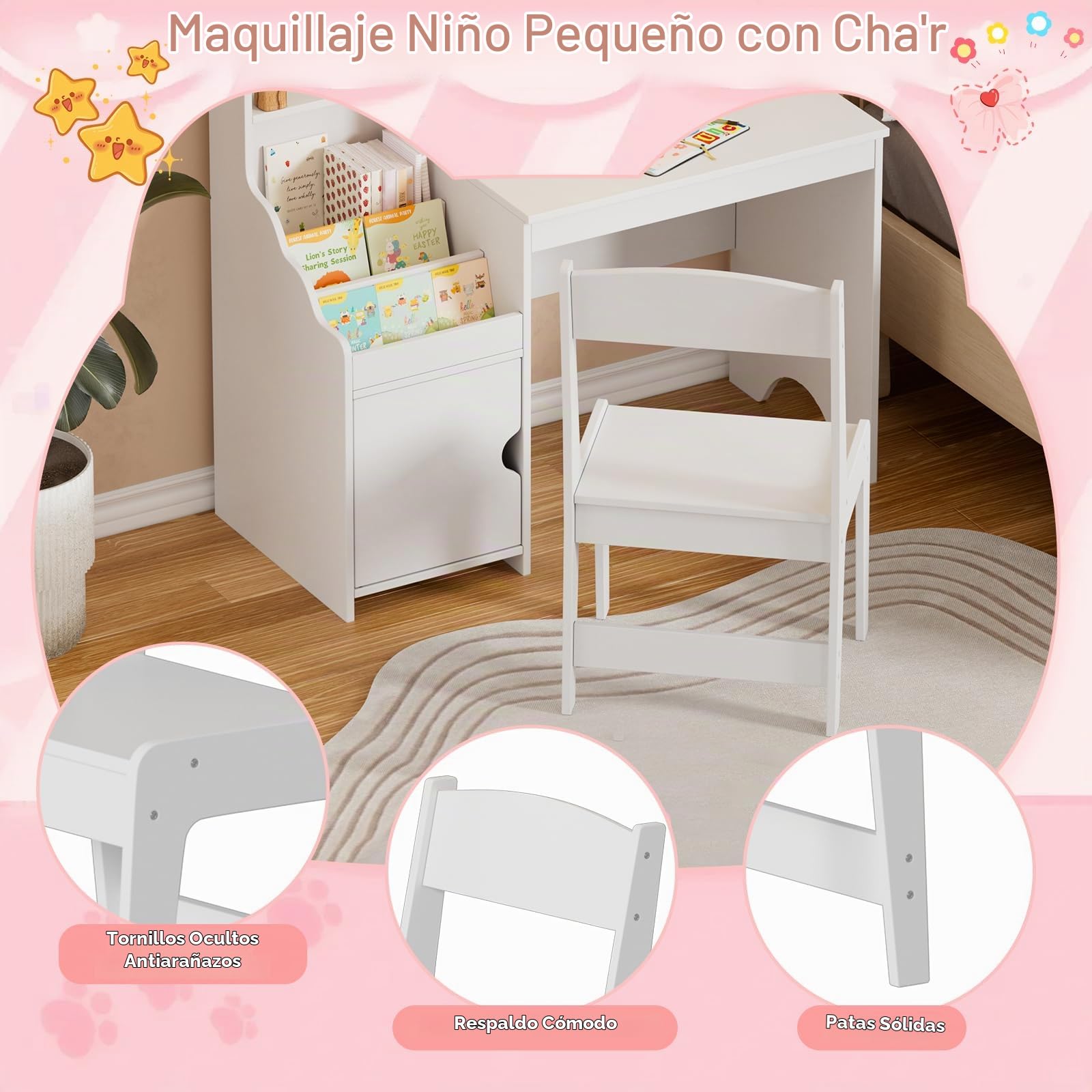 Tocador Niña Tocadors de Maquillaje con Luz y Taburete 2 en 1 Anti-dumping Tocador Infantil de Madera con Espejo y Estanterías Vanity de Maquillaje Para Niños Moderno estilo Princesa 5 años+ (Blanco)