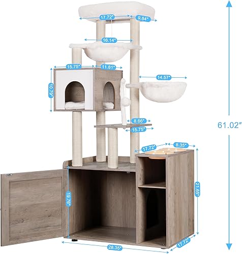 Miniatura 3 de Hey-brother Árbol para gatos con caja de arena, moderna torre para gatos de interior con plataforma grande, estación de comida de condominio y 2