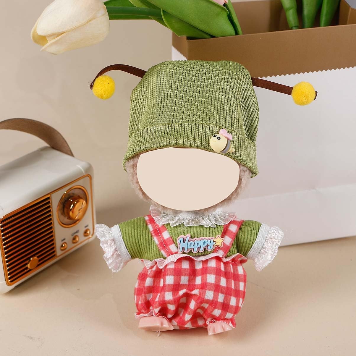 Compatible with Labubu (NO Doll) - Green-Red Fresh Countryside Set (Bee-Accent Beanie + Happy Ruffled Top + Gingham Skirt), 15cm/17cm Doll Clothing