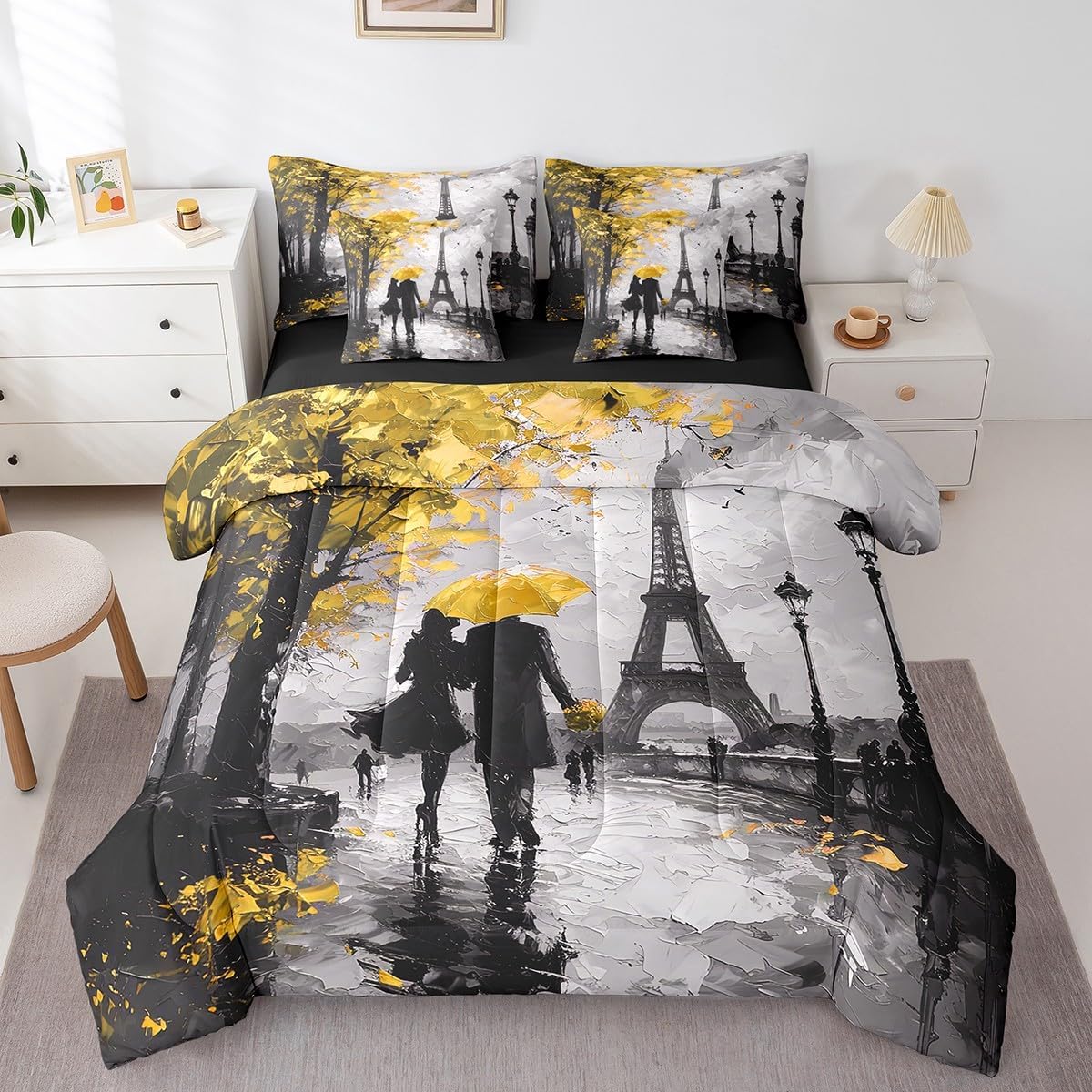 Feelyou Eiffel Tower Bedding Set Queen Size 7 Pieces Couple Yellow Romantic Paris Comforter France Trip Bed in a Bag with Comforter, Sheets, Pillowcases & Cushion Cover