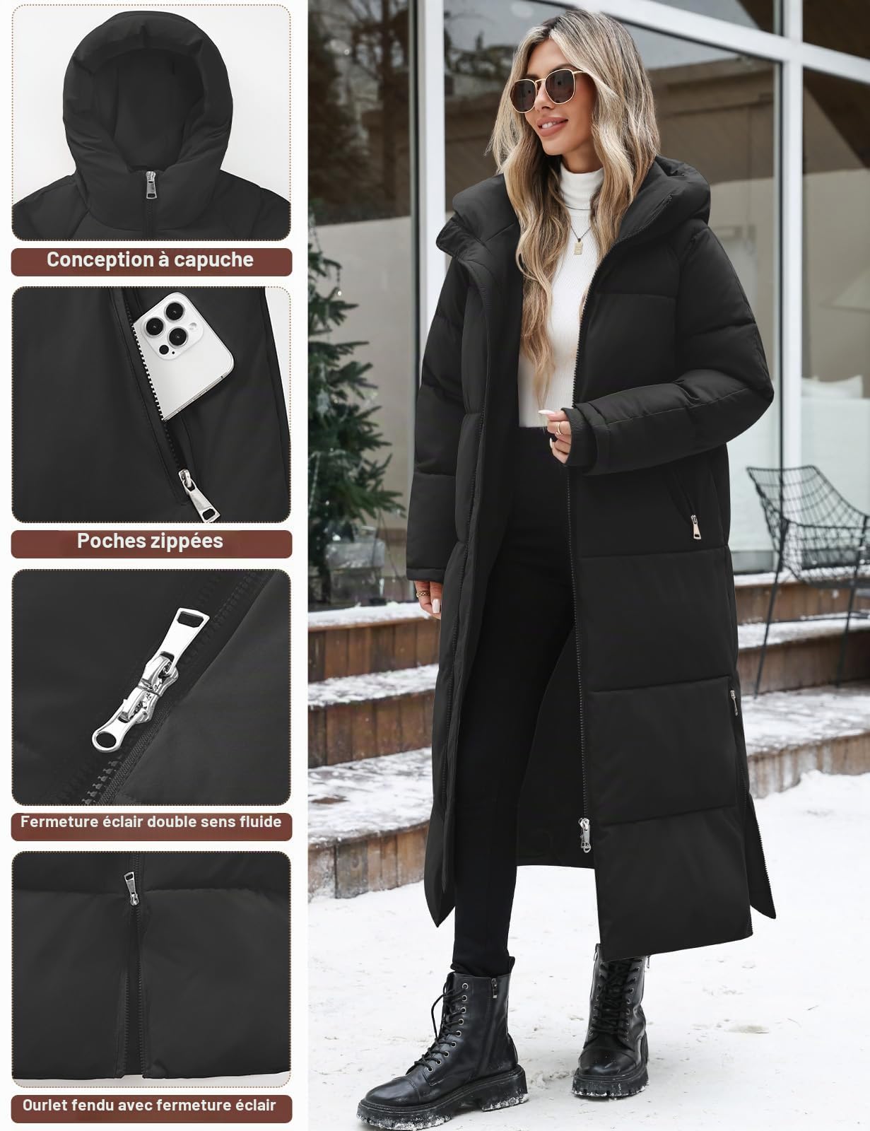Yuson Girl Manteau Femme Hiver Longue Chaude Blouson Matelassé à Capuche Zippée Épaisse Manteaux Chic et Elegant Imperméable Veste Parka Doudoune Coupe Vent Outercoat avec Poches