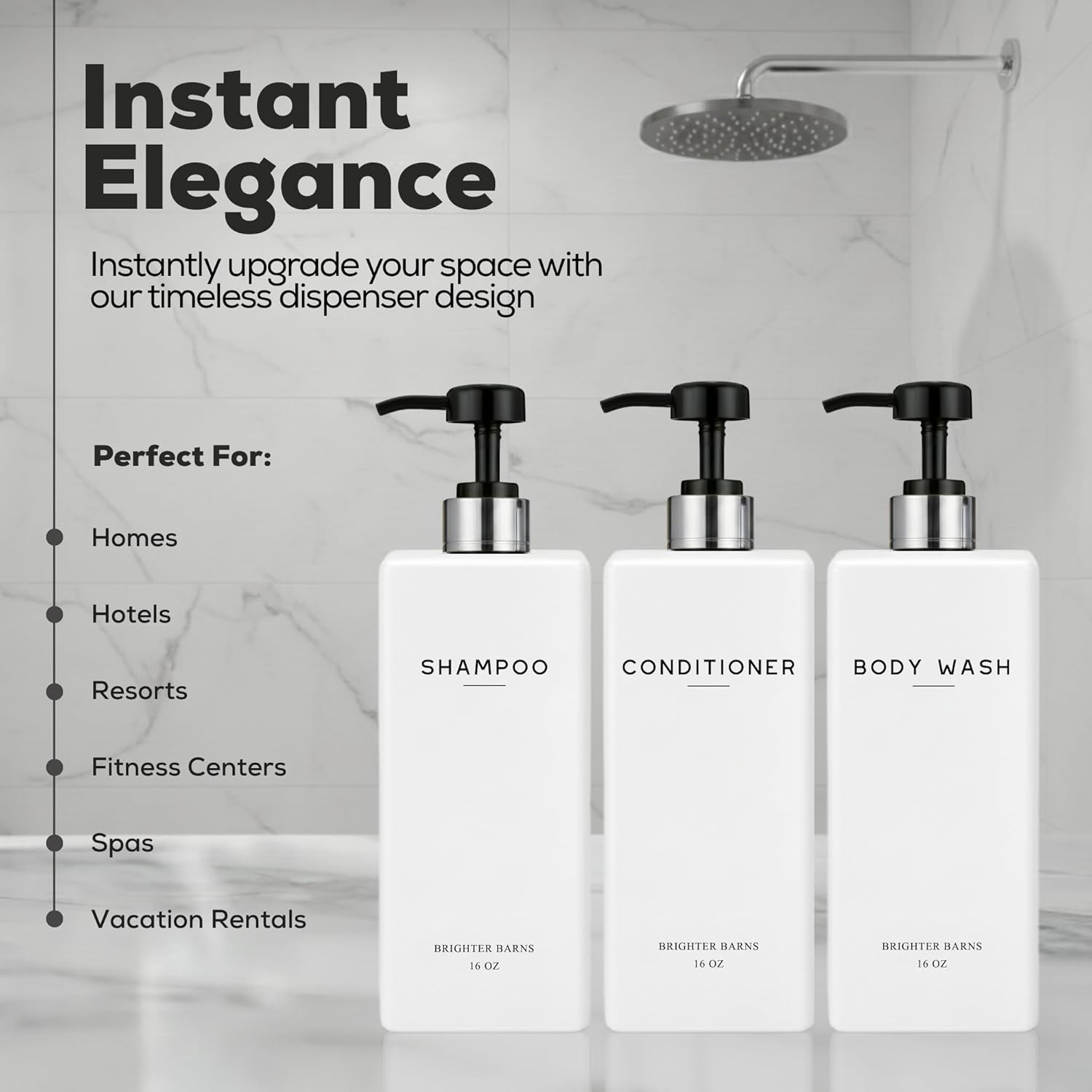 White Shampoo and Conditioner Dispenser Set by Brighter Barns - Refillable Shower Soap Bottles - Empty Body Wash Dispenser - Neutral Home Decor for Shower, Guest Bathroom, Airbnb, Spa (White Silver)