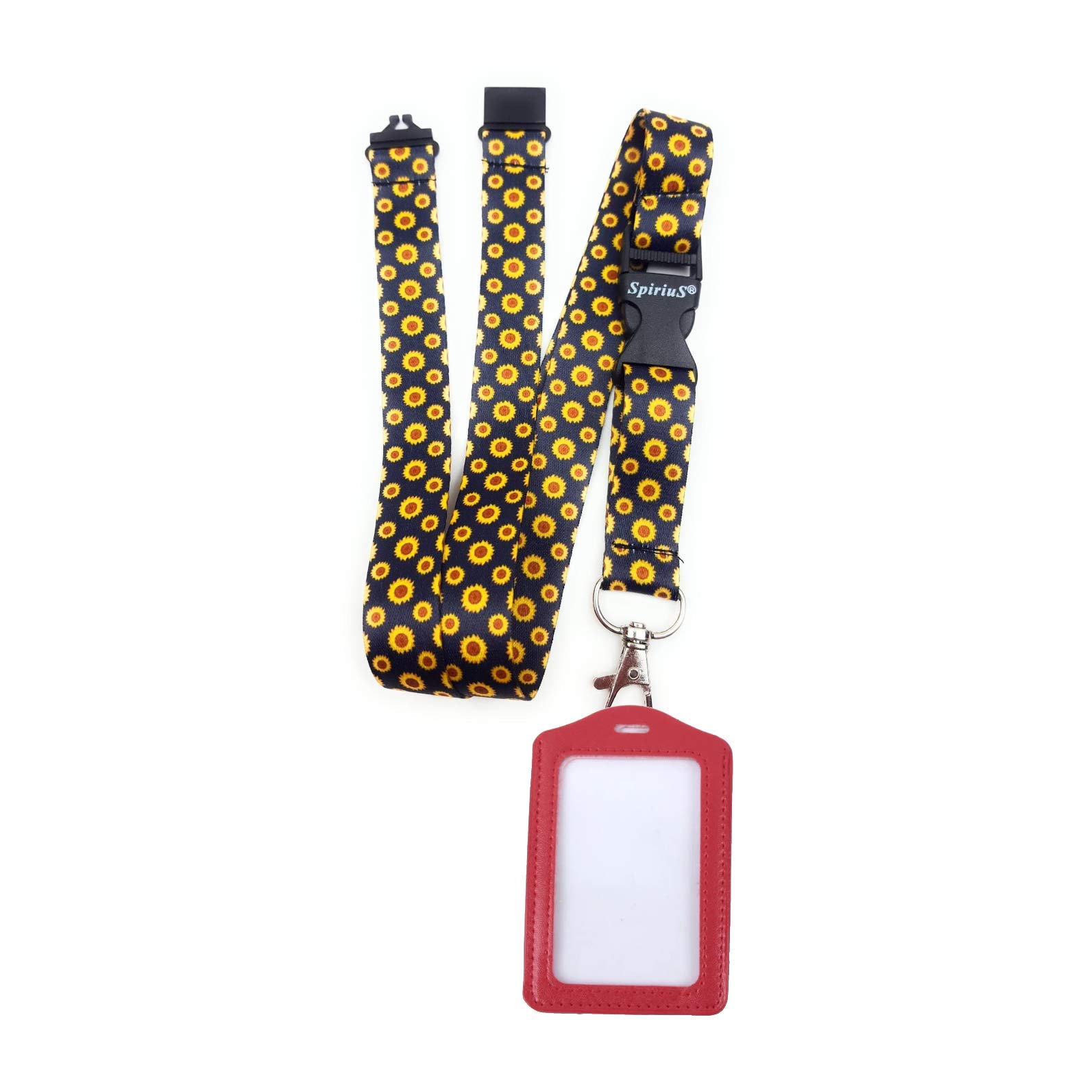 Spirius Original Flowers Lanyard Neck Strap & Red Leather Badge Holder (Sunflowers)