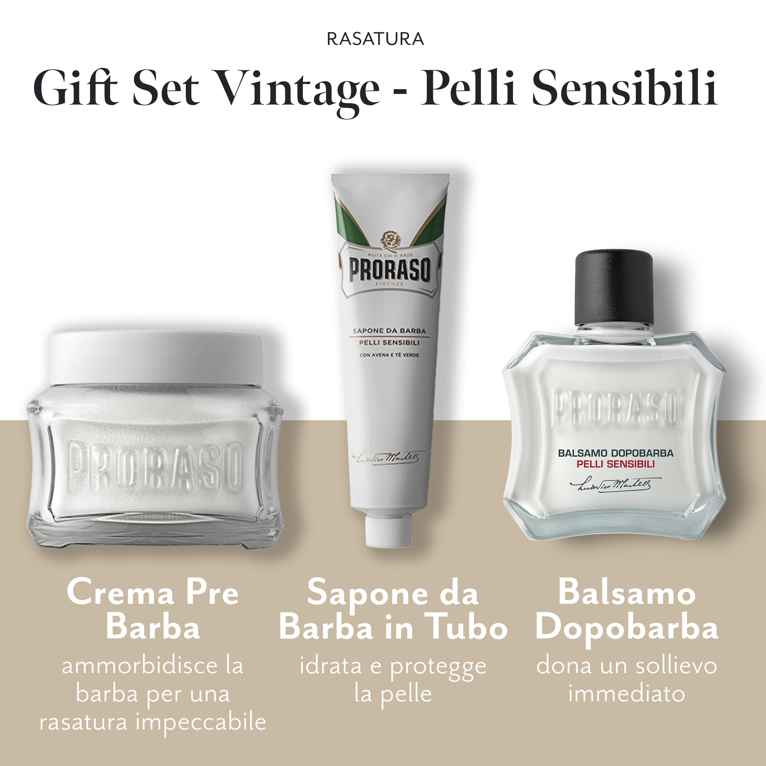 Proraso Set Vintage Selection Pelli Sensibili, Set regalo uomo con Crema Pre Barba 100 ml, Sapone Barba 150 ml e Balsamo Dopobarba 100 ml, Cofanetto regalo uomo, Set regalo natale Made in Italy