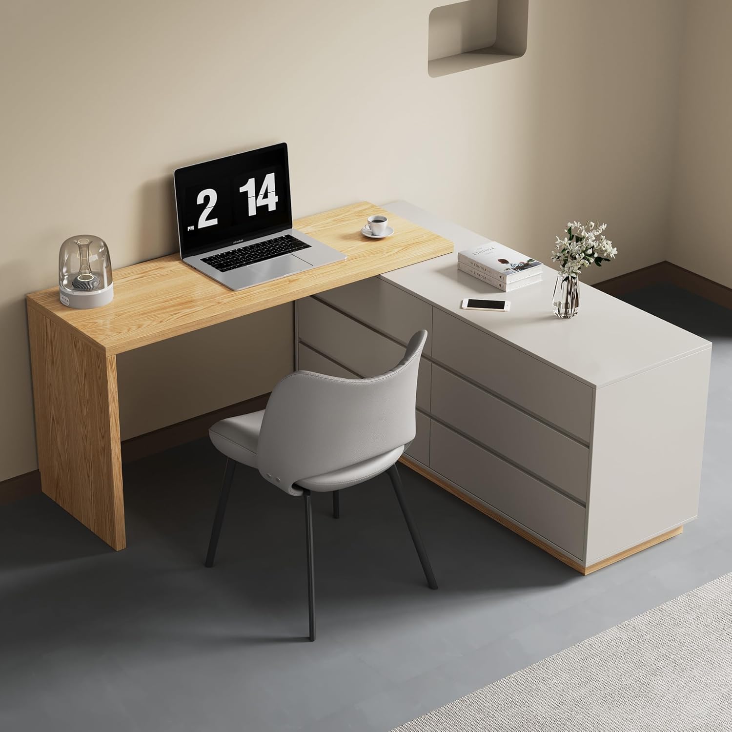 NessCarsti L-shaped desk configured for a corner, with a chair and laptop