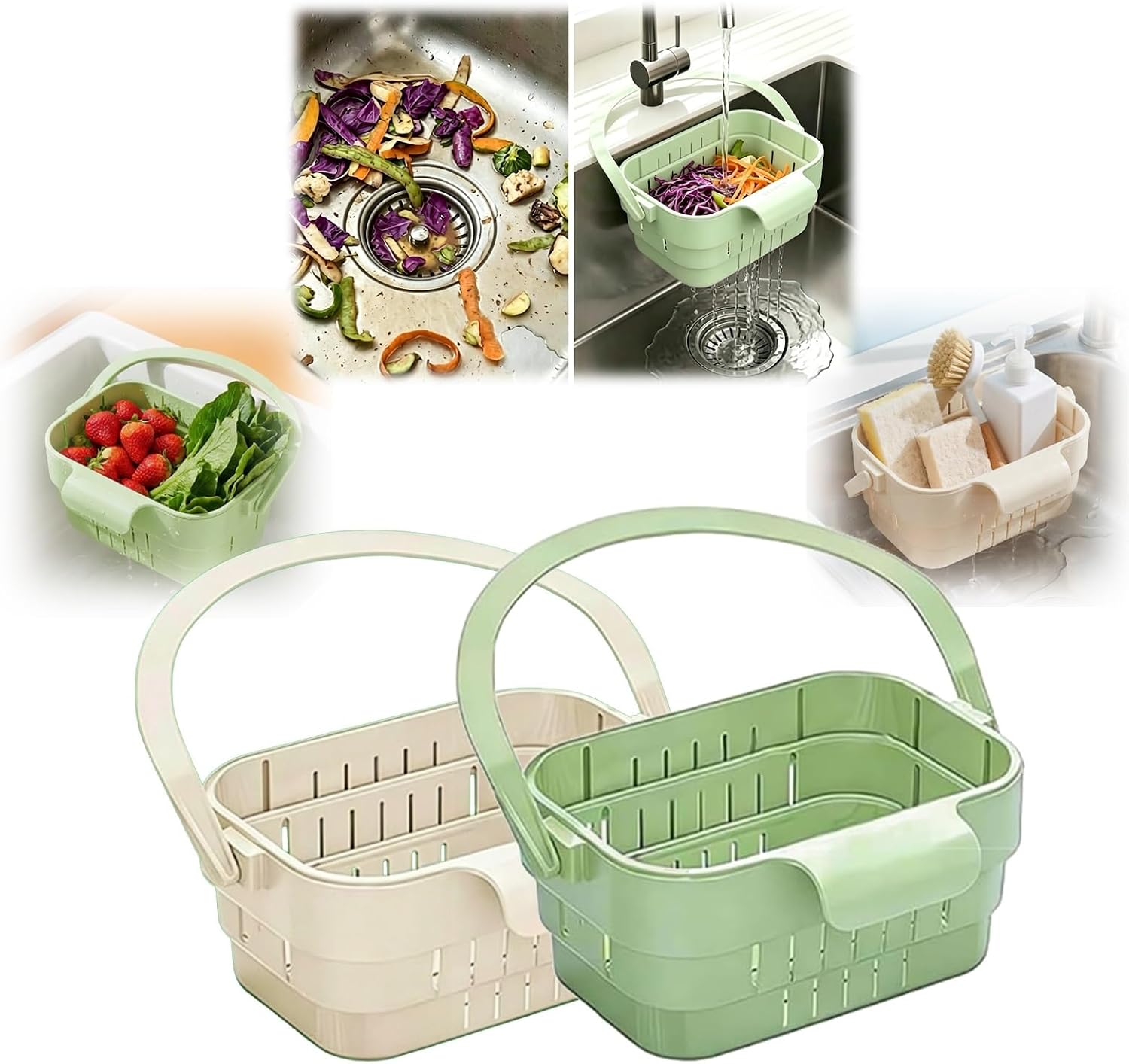 Foldable Hanging Sink Drain Basket Stretchable Kitchen Colander with Flip Cover Space Saving Food Strainer, Multi-functional Faucet Storage Rack Draining for Fruits Vegetables Utensils