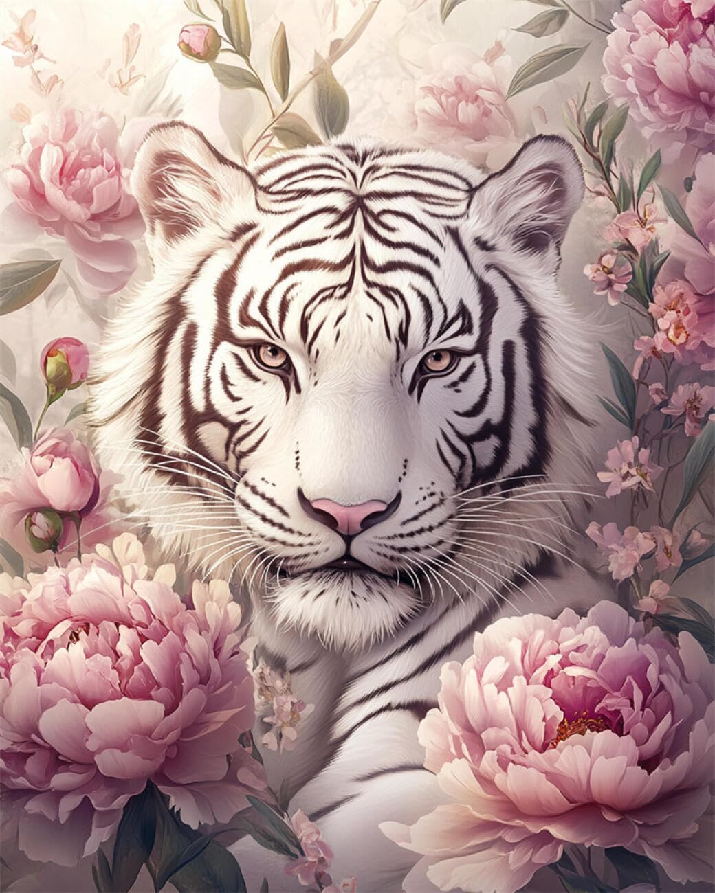 RKFLGEW DIY Embroidery Beads Set White Tiger and Flowers 30x40cm