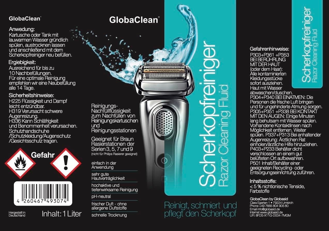 Scherkopfreiniger Nachfüllflüssigkeit - Kompatibel für Braun Clean & Renew Reinigungskartuschen - Braun Reinigungskartuschen Series 9 - Scherkopfreiniger für Braun Reinigungskartusche 2x 1L