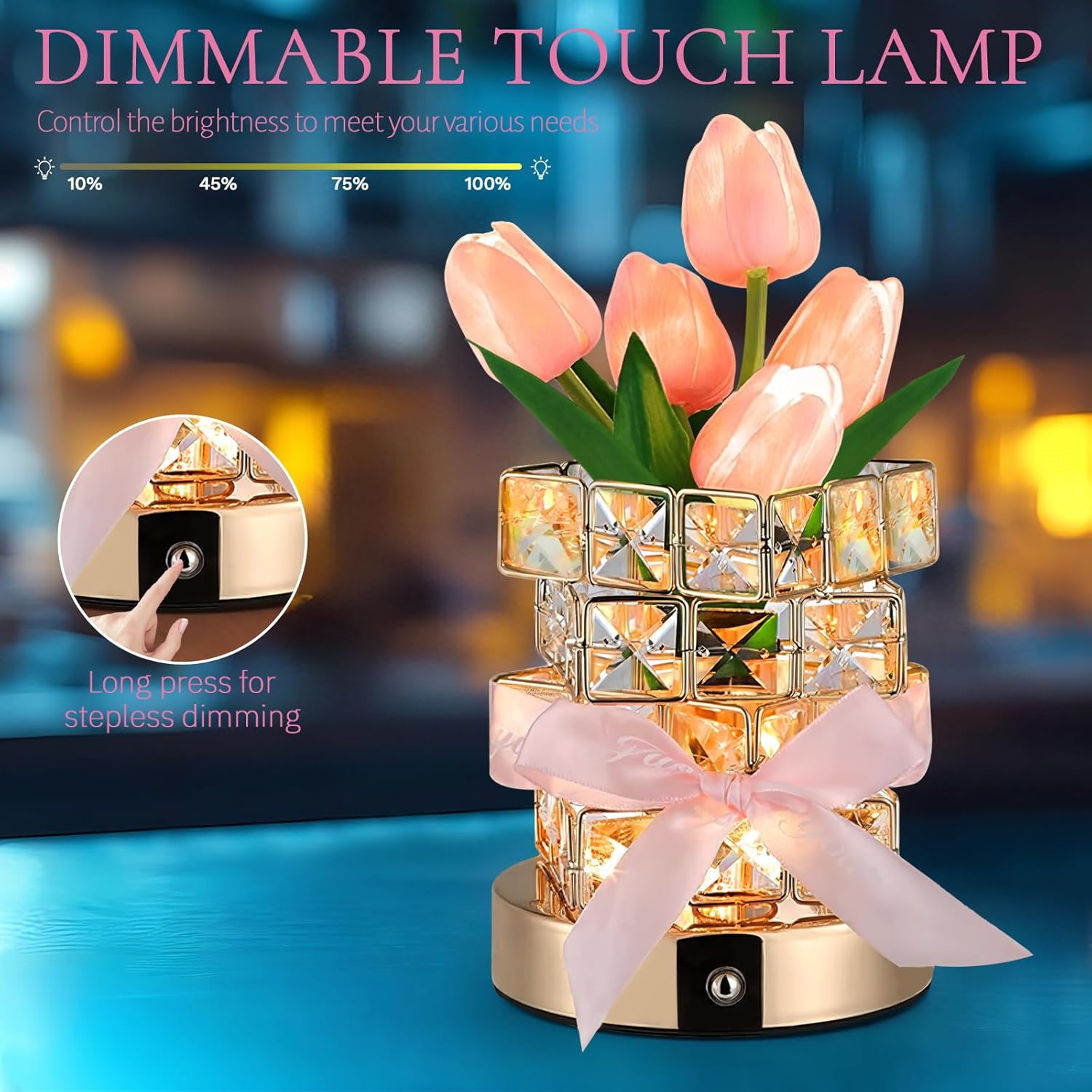 Tulip Table Lamp, 3-Color Dimmable Artificial Flowers Night Light, Rechargeable Cordless Small Desk Lamp, Fake Bouquet 5 Tulip with Crystal Vase for Date Party Home Decoration