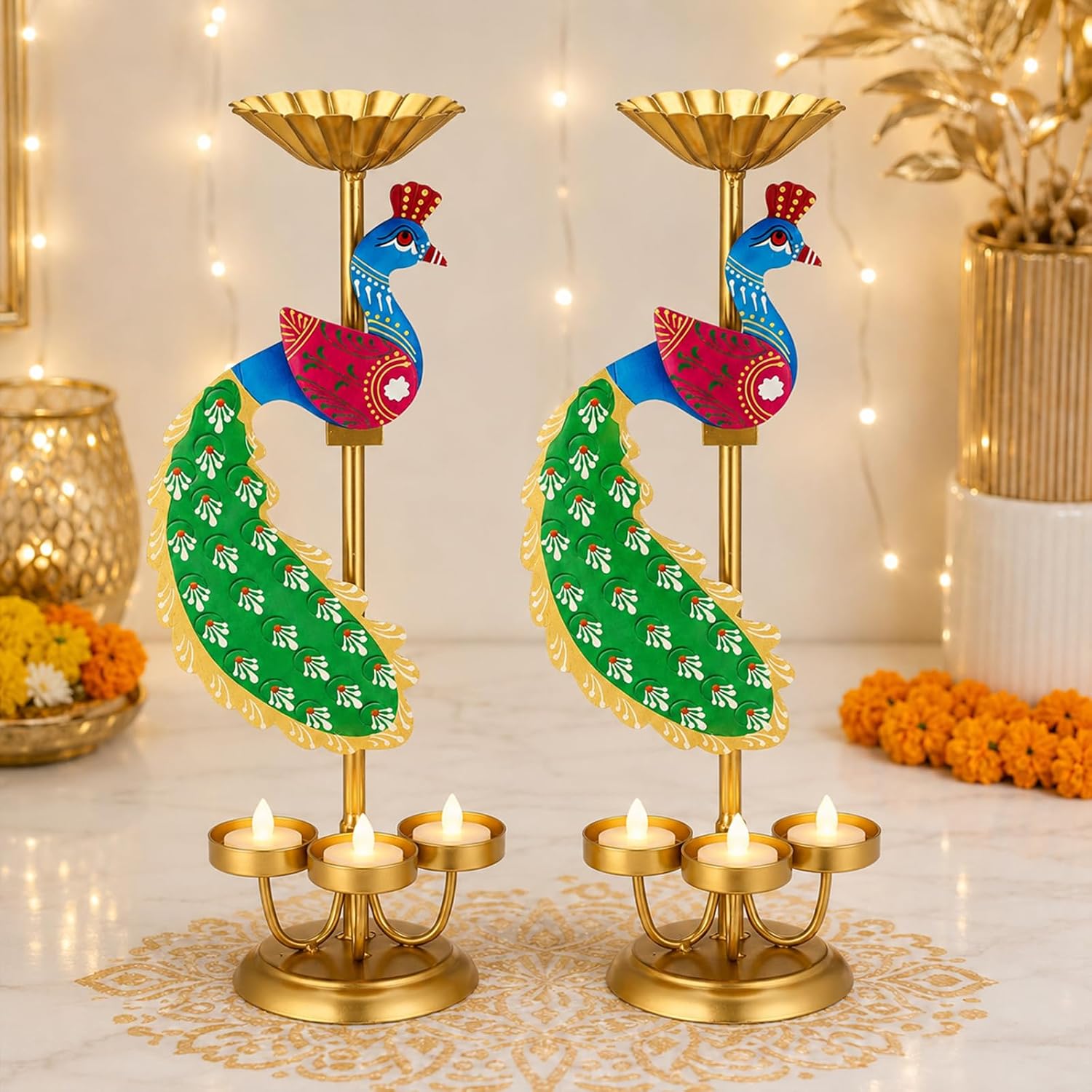 LemonRoad 2 Pcs Peacock Tealight Candle Holder for Diwali, Handcrafted Decorative Brass Oil Lamp, 13.39 Inch Diwali Table Centerpiece Indian Festival Home Decor Multi-Color 3 Cup Design