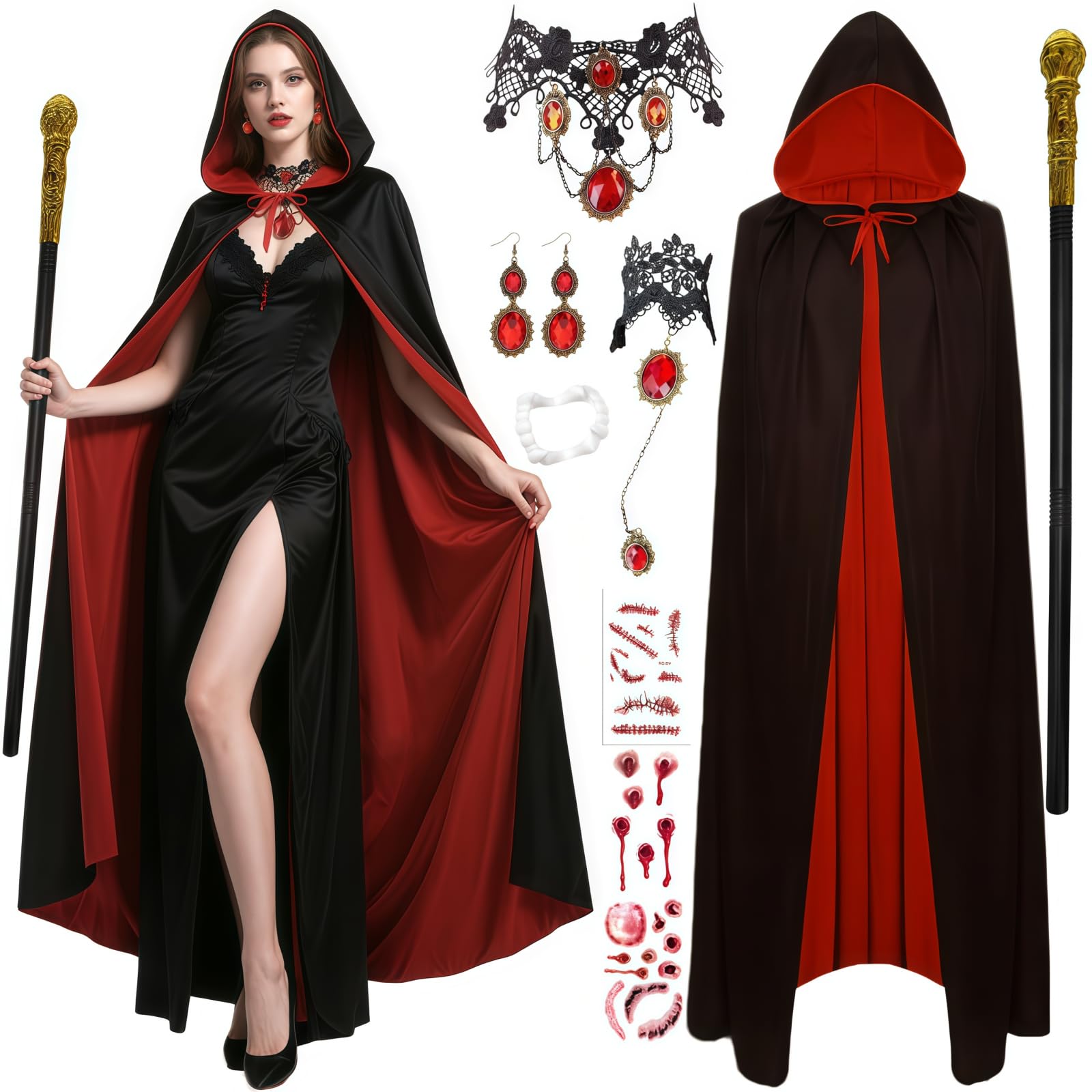 Buyzzus Halloween Vampire Costume Women 7 Pcs with Red Black Cloak Necklace Staff Earrings Bracelet Fake Teeth, Woman Gothic Vampire Fancy Dress Costume for Halloween Carnival Cosplay Party