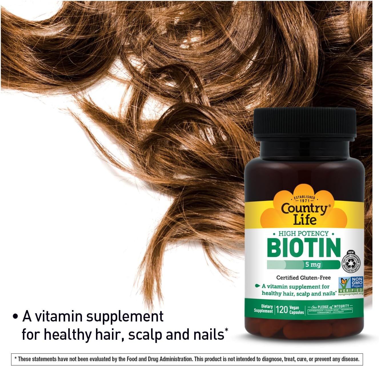 Country Life Biotin High Potency, 5mg, 120 Count, Certified Gluten Free, Certified Vegan, Verified Non GMO