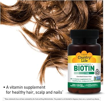 Country Life High Potency Biotin 5 mg, 120 Vegan Capsules | Supports keratin formation for healthy hair, scalp and nails; gluten-free and Non-GMO Project Verified
