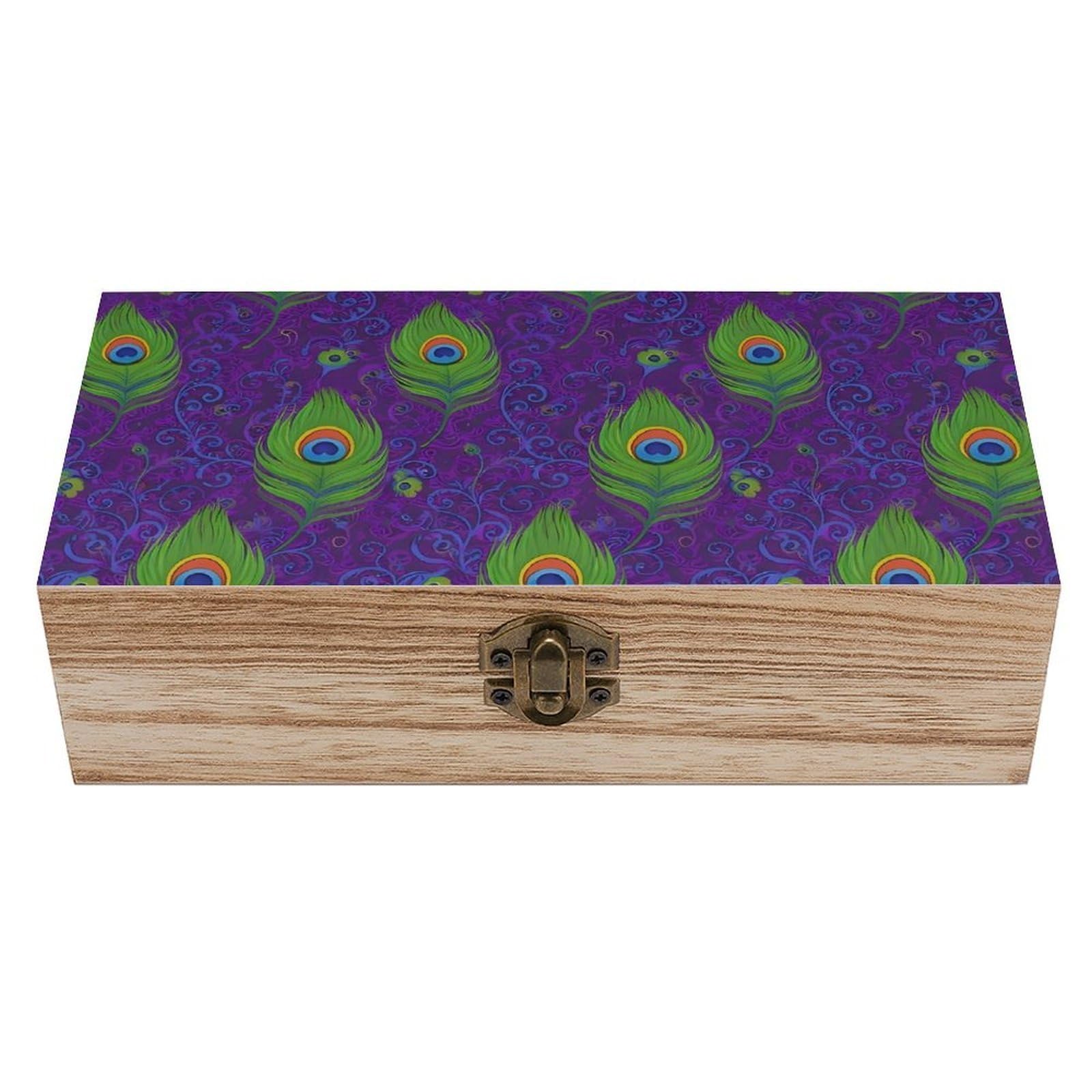 HLBSDM Trippy Peacock Feathers Purple Green Wooden Storage Box