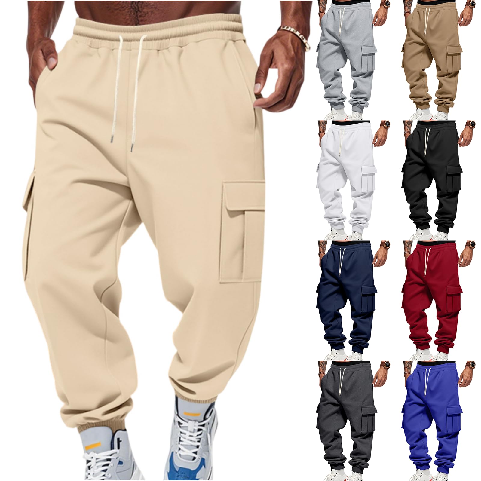 Mens Cargo Sweatpants Baggy Heavyweight Fleece Joggers with Pockets Elastic Waist Drawstring Big and Tall Sweatpants