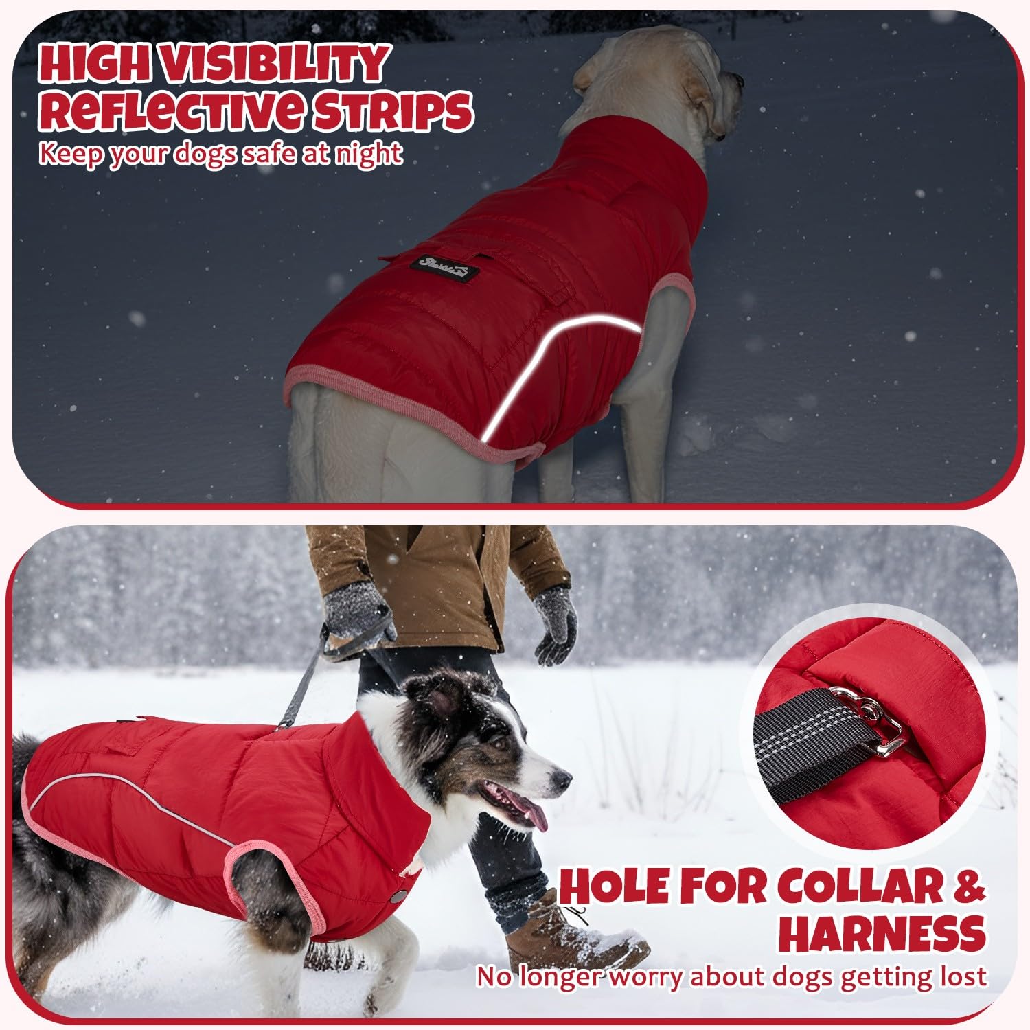 SlowTon Manteau d'hiver pour Chien - Veste de Neige pour Chien doublée en Polaire Chaude avec Bandes réfléchissantes et Poches, Gilet résistant à l'eau pour Temps Froid pour Petits et Moyens Chiens