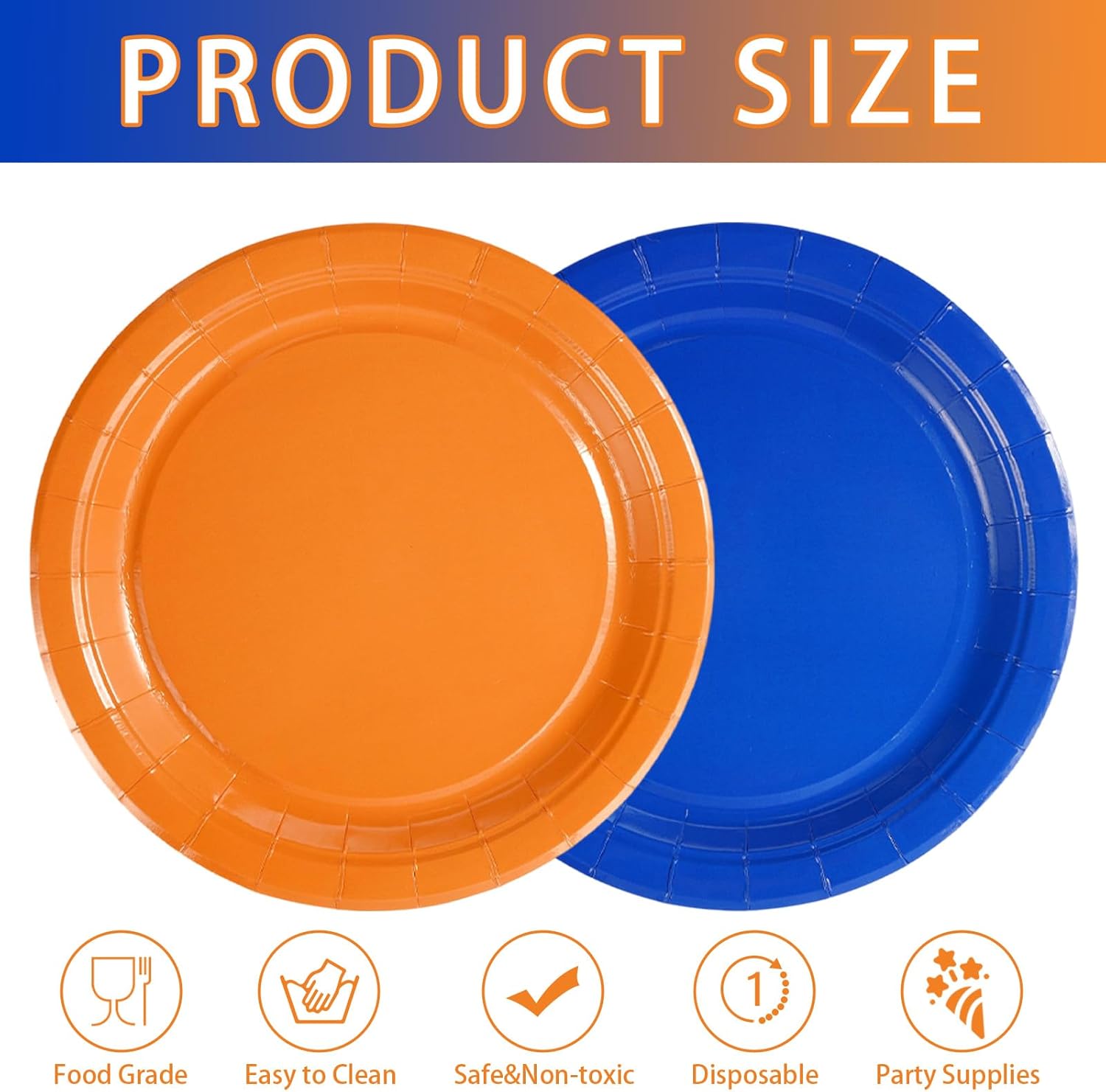 100Pcs Dart War Birthday Party Decorations Orange and Blue Gun Party Paper Plates 9 Inch Disposable Heavy Duty Blue and Orange Birthday Decorations for Boys Fiesta Wedding Congrats Party Supplies - Image 3